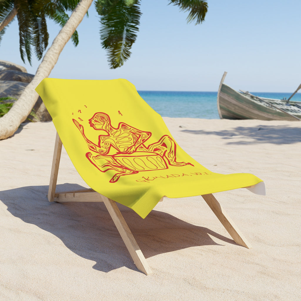 Beach Towel Native Drummer Grenada W.I.  – Bright Yellow Caribbean Beach Towel