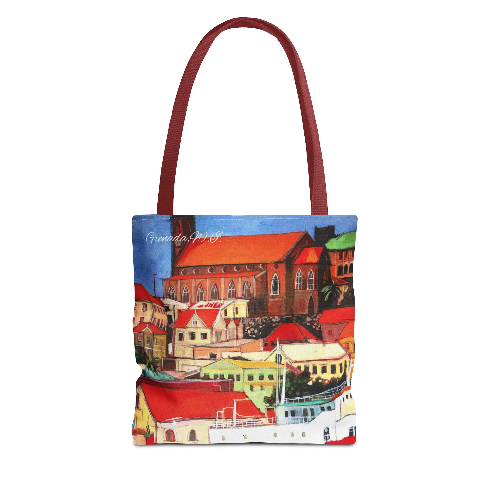 Tote Bag Grenada W.I. Town Buildings on the Carenage Colorful  — All-Over Print Canvas Beach & Market Shopper