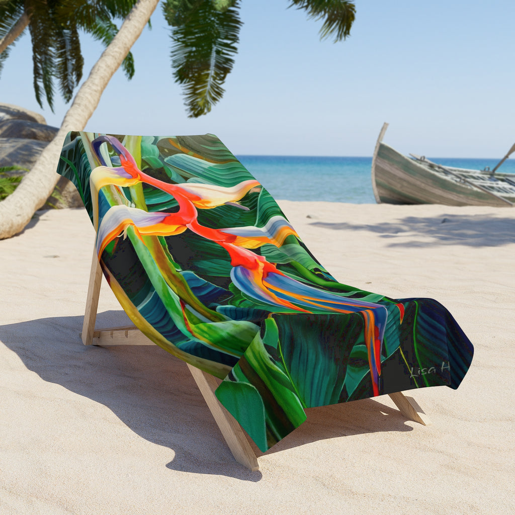 Beach Towel Lisa Herrera art print Tropical Bird of Paradise — Vibrant Caribbean Floral Print