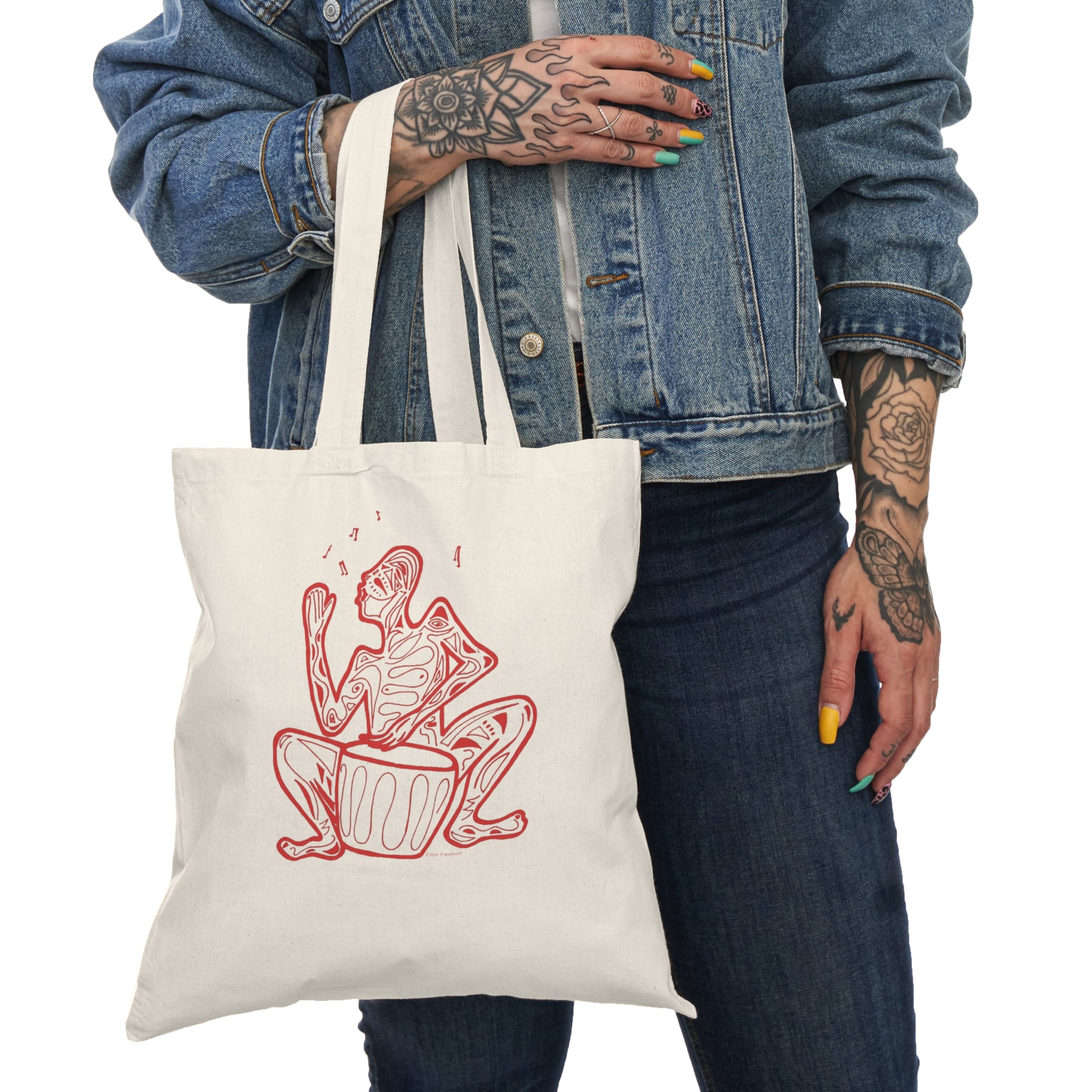 Tote Bag Canvas with Red Line Art Native Drummer — Eco-Friendly Music Lover Tote