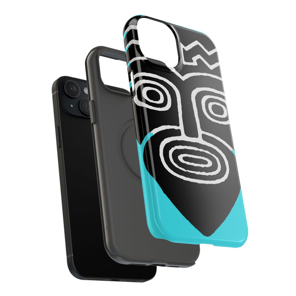 Phone case Impact-Resistant  — Abstract Tribal Mask Design (Black & Teal)