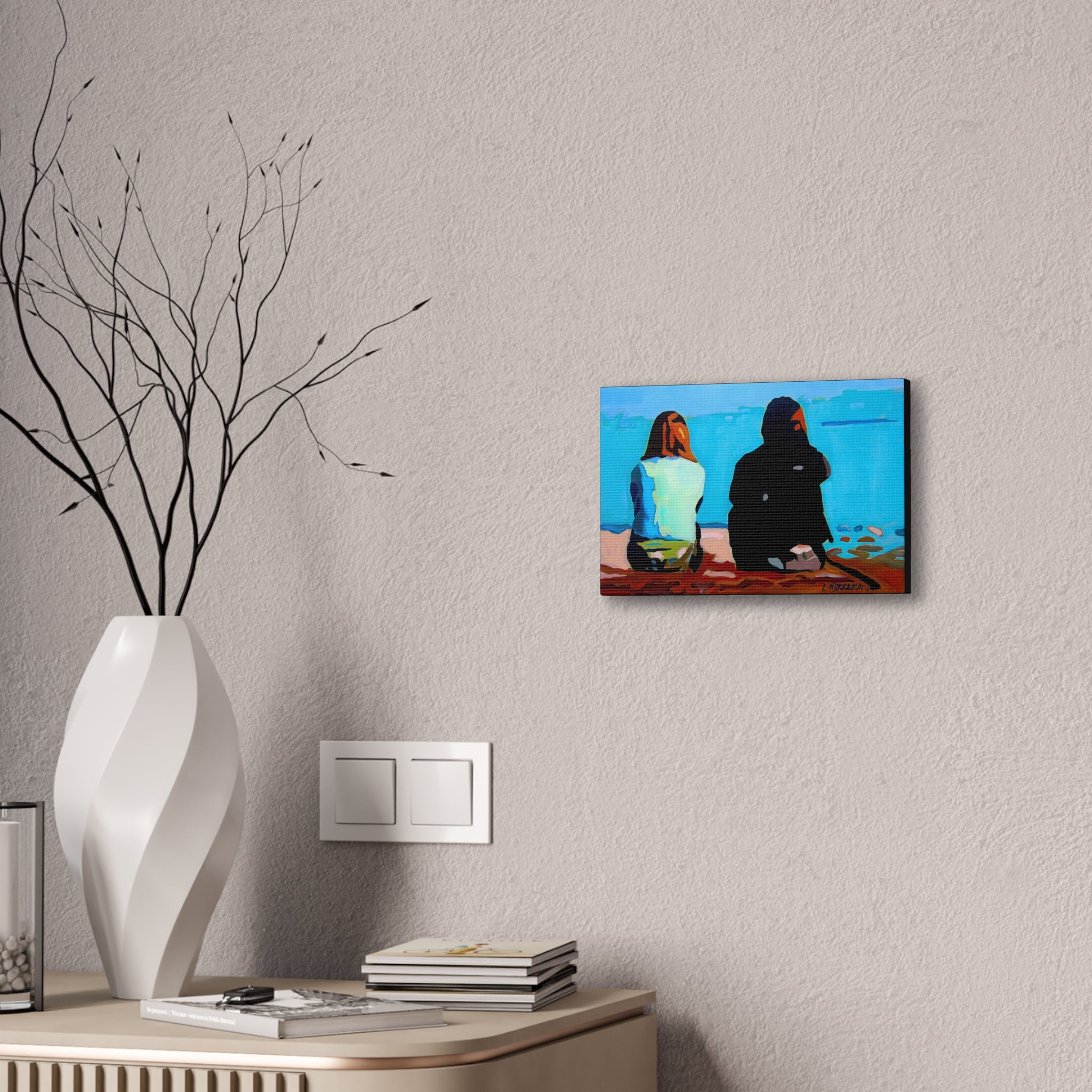 Canvas Print Lisa Herrera Art Two Friends Satin Canvas Wall Art — Friends Sitting by Ocean Stretched Print