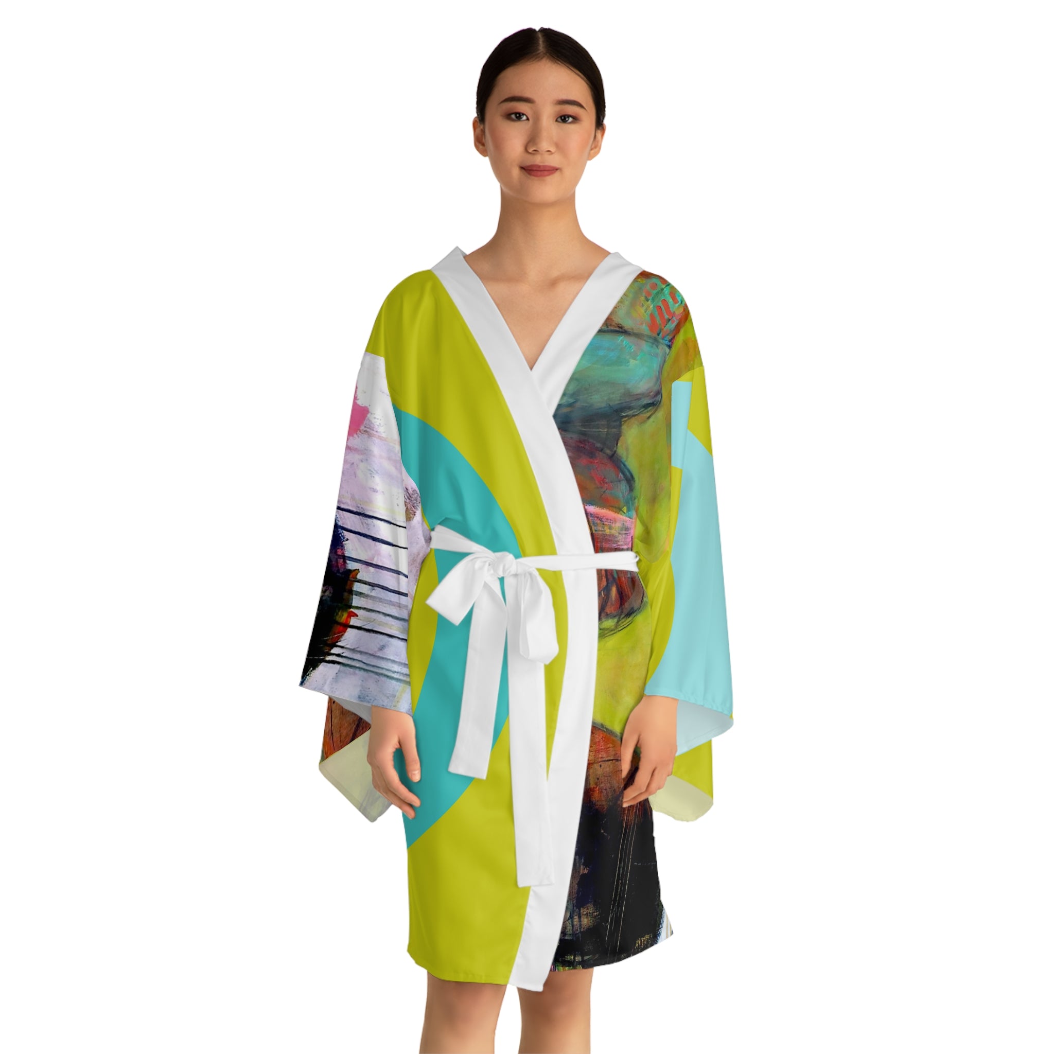 Kimono Robe Artistic Fruit Lady with Basket Painting   — Tropical Fruit Basket Portrait Long Sleeve