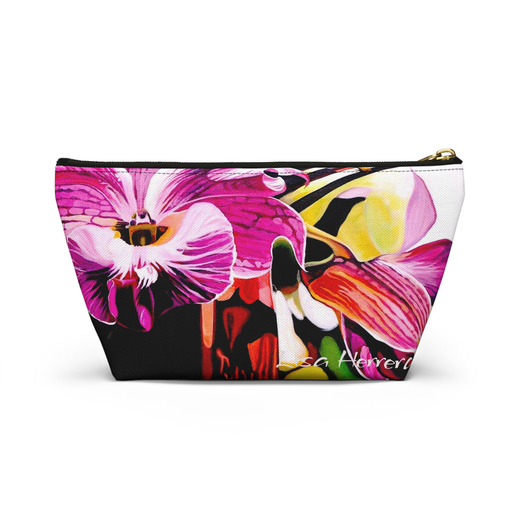 Floral Orchid Accessory Pouch Lisa Herrera art  — Pink Tropical Makeup Bag with T-Bottom