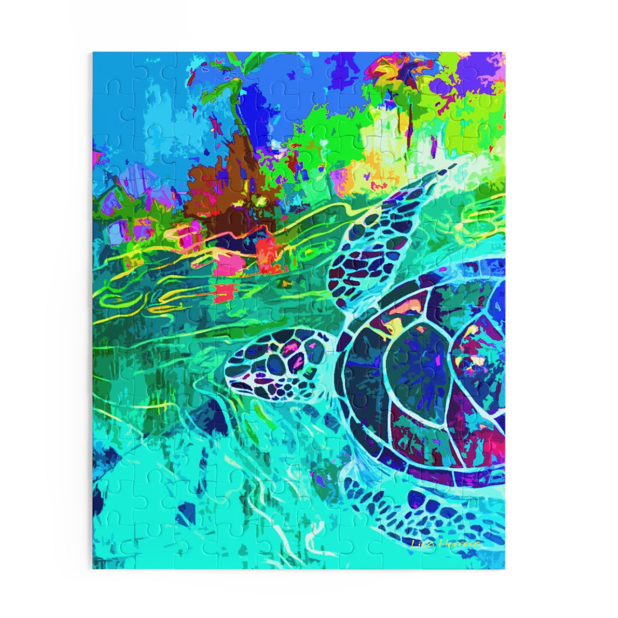 Puzzle Lisa Herrera art Swimming Turtle Abstract Puzzle — Colorful Beach Art Jigsaw (120/252/500-Piece)