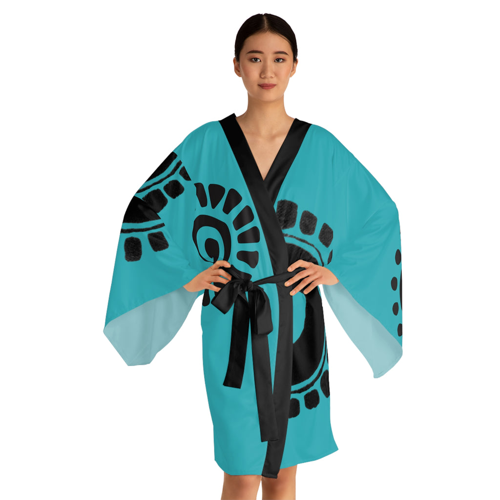 Kimono Robe Petroglyphs Blue — Lightweight Long Sleeve Lounge Wrap