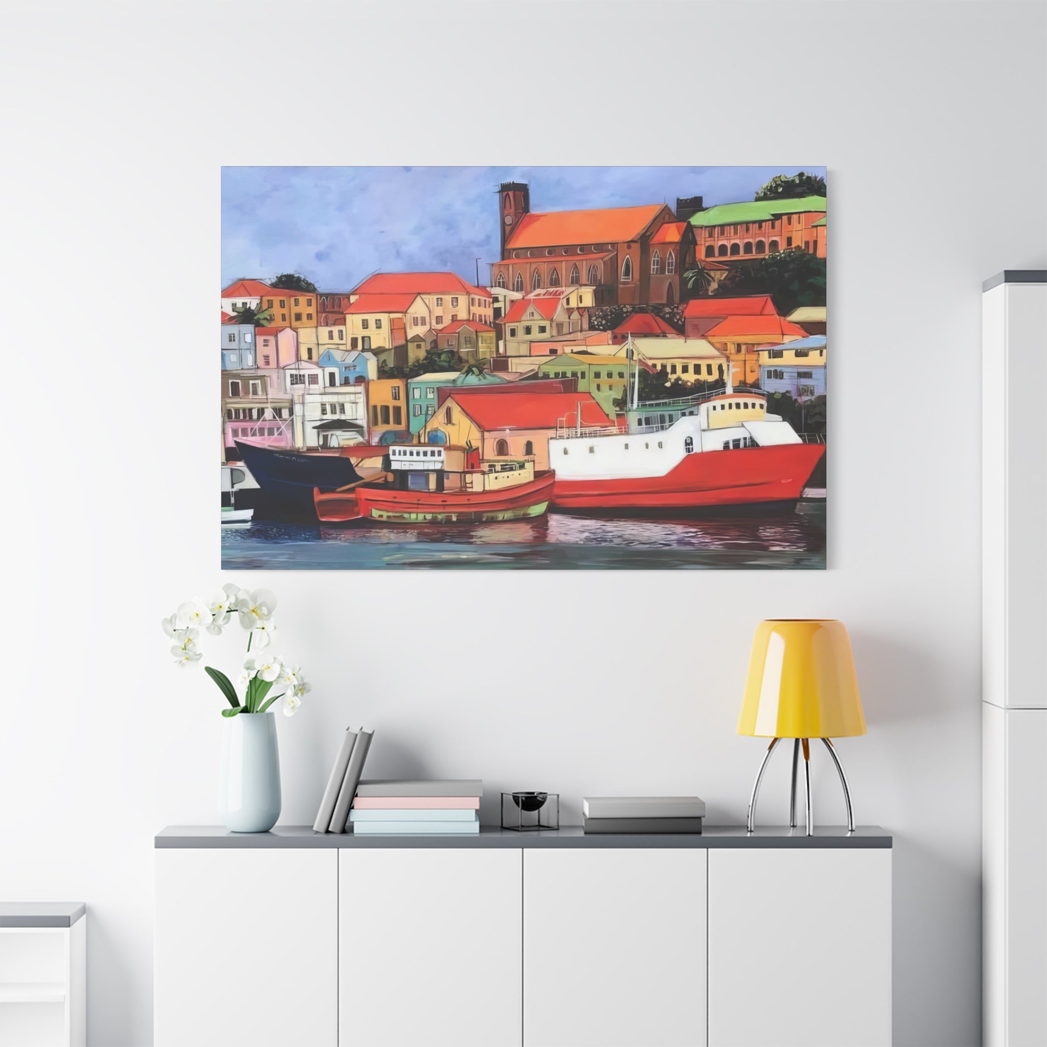 Printed Canvas of St. George's Carenage  Matte Canvas Print — Colorful Coastal Boats Wall Art