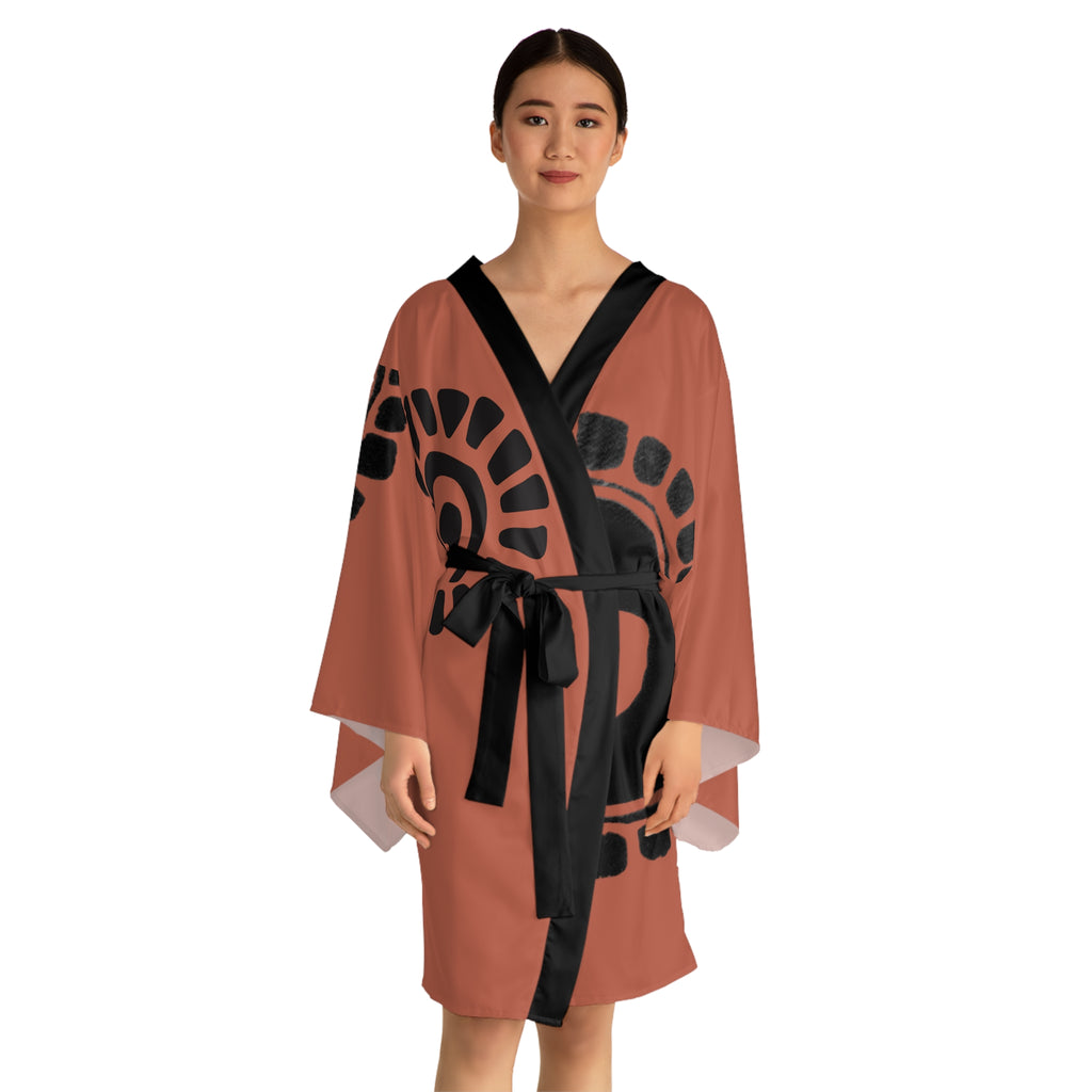 Kimono Robe Petroglyphs Brown — Lightweight Long Sleeve Lounge Wrap