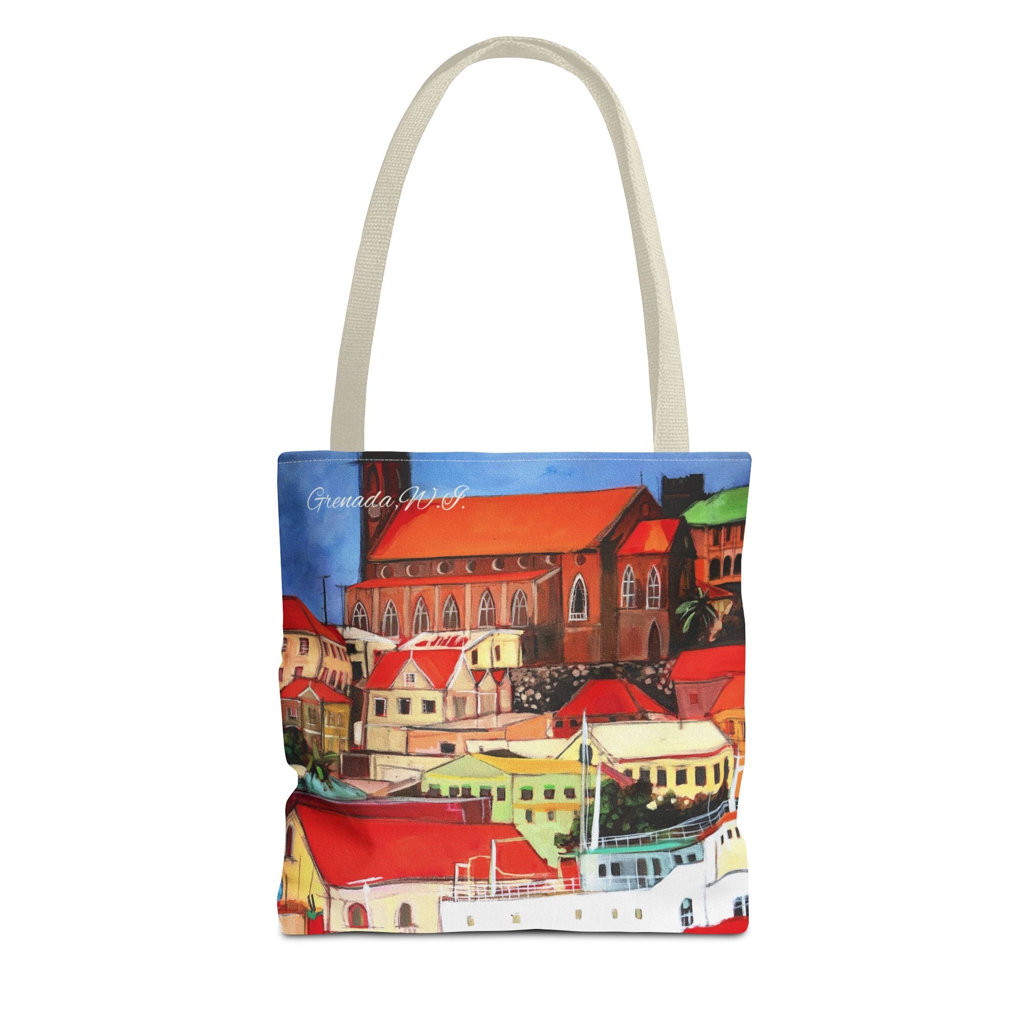 Tote Bag Grenada W.I. Town Buildings on the Carenage Colorful  — All-Over Print Canvas Beach & Market Shopper