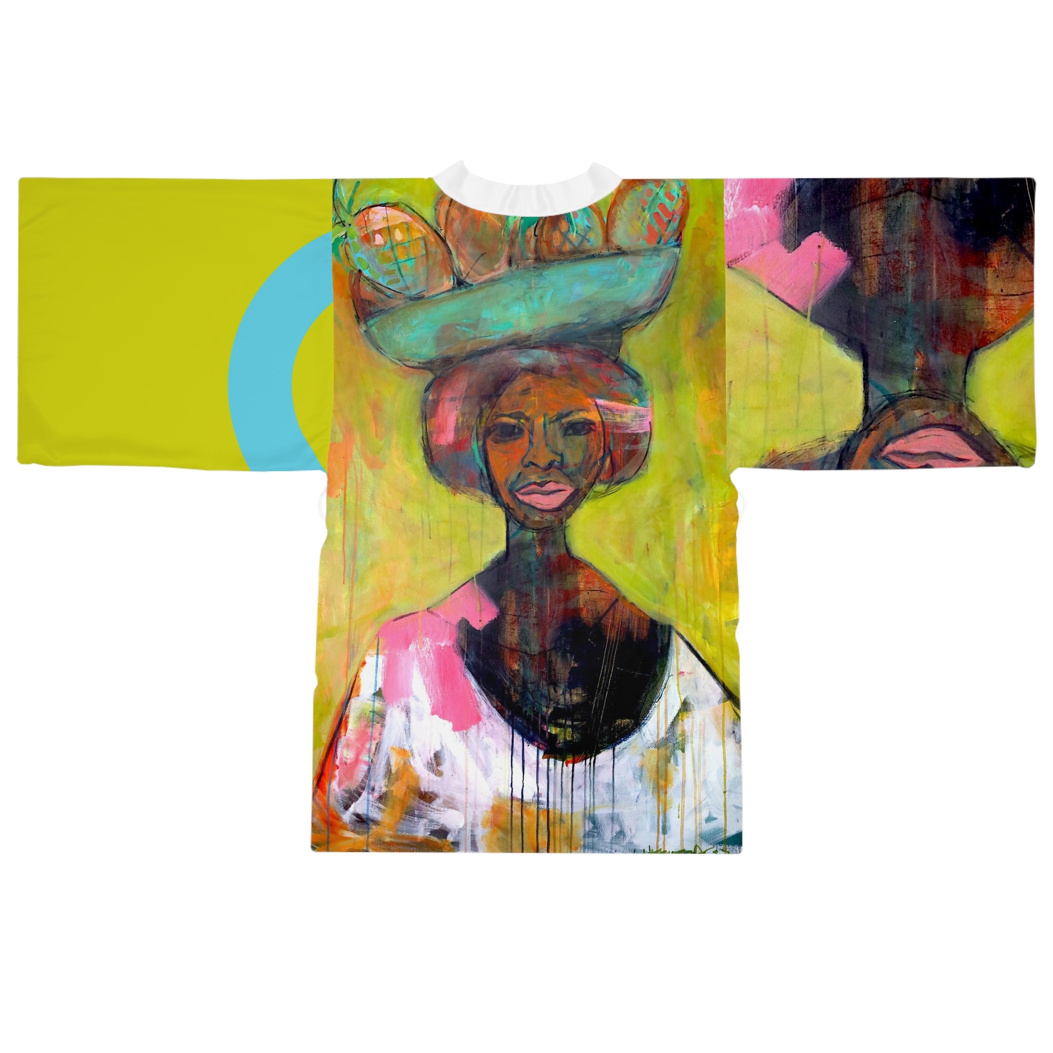 Kimono Robe Artistic Fruit Lady with Basket Painting   — Tropical Fruit Basket Portrait Long Sleeve