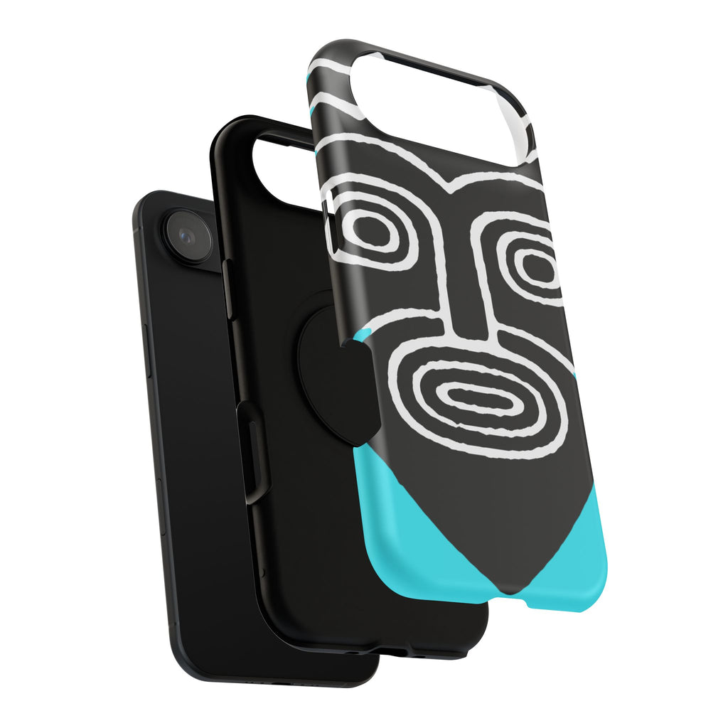 Phone case Impact-Resistant  — Abstract Tribal Mask Design (Black & Teal)