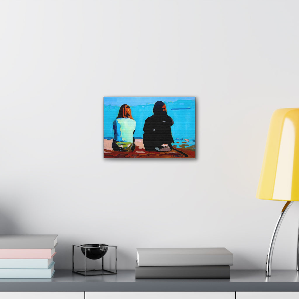 Canvas Print Lisa Herrera Art Two Friends Satin Canvas Wall Art — Friends Sitting by Ocean Stretched Print