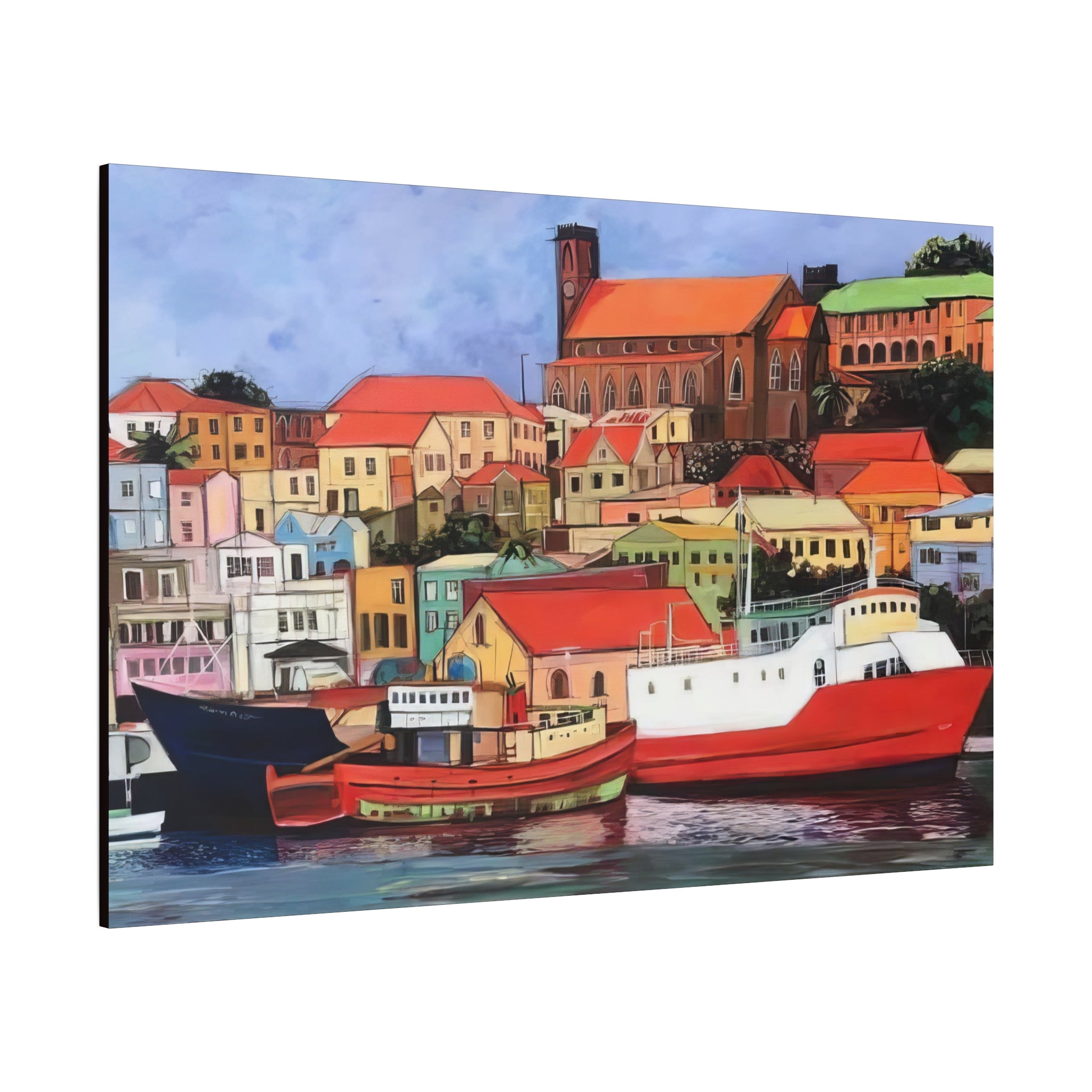 Printed Canvas of St. George's Carenage  Matte Canvas Print — Colorful Coastal Boats Wall Art