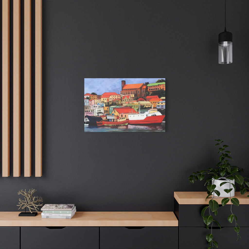 Printed Canvas of St. George's Carenage  Matte Canvas Print — Colorful Coastal Boats Wall Art
