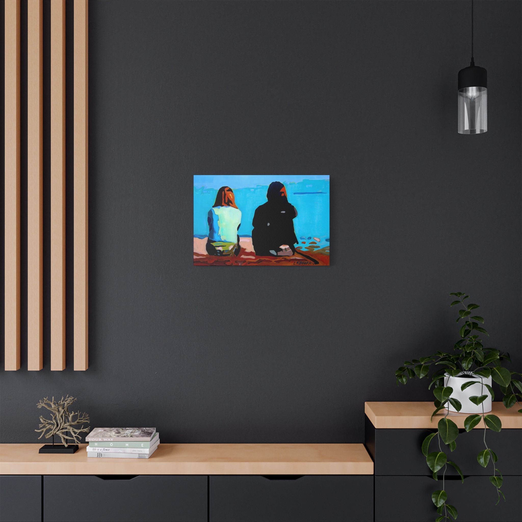 Canvas Print Lisa Herrera Art Beachside Conversation Satin Canvas Wall Art — Friends Sitting by Ocean Stretched Print