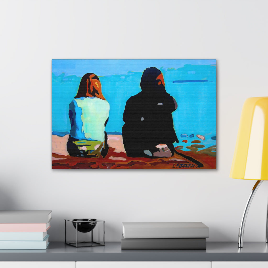 Canvas Print Lisa Herrera Art Two Friends Satin Canvas Wall Art — Friends Sitting by Ocean Stretched Print