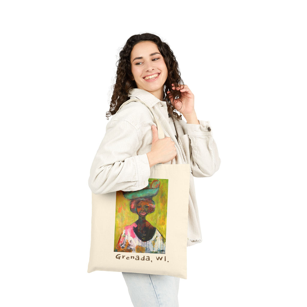 Tote Bag Lisa Herrera art print Grenada Market Lady Canvas Tote Bag — Colorful Caribbean Art Grocery Tote