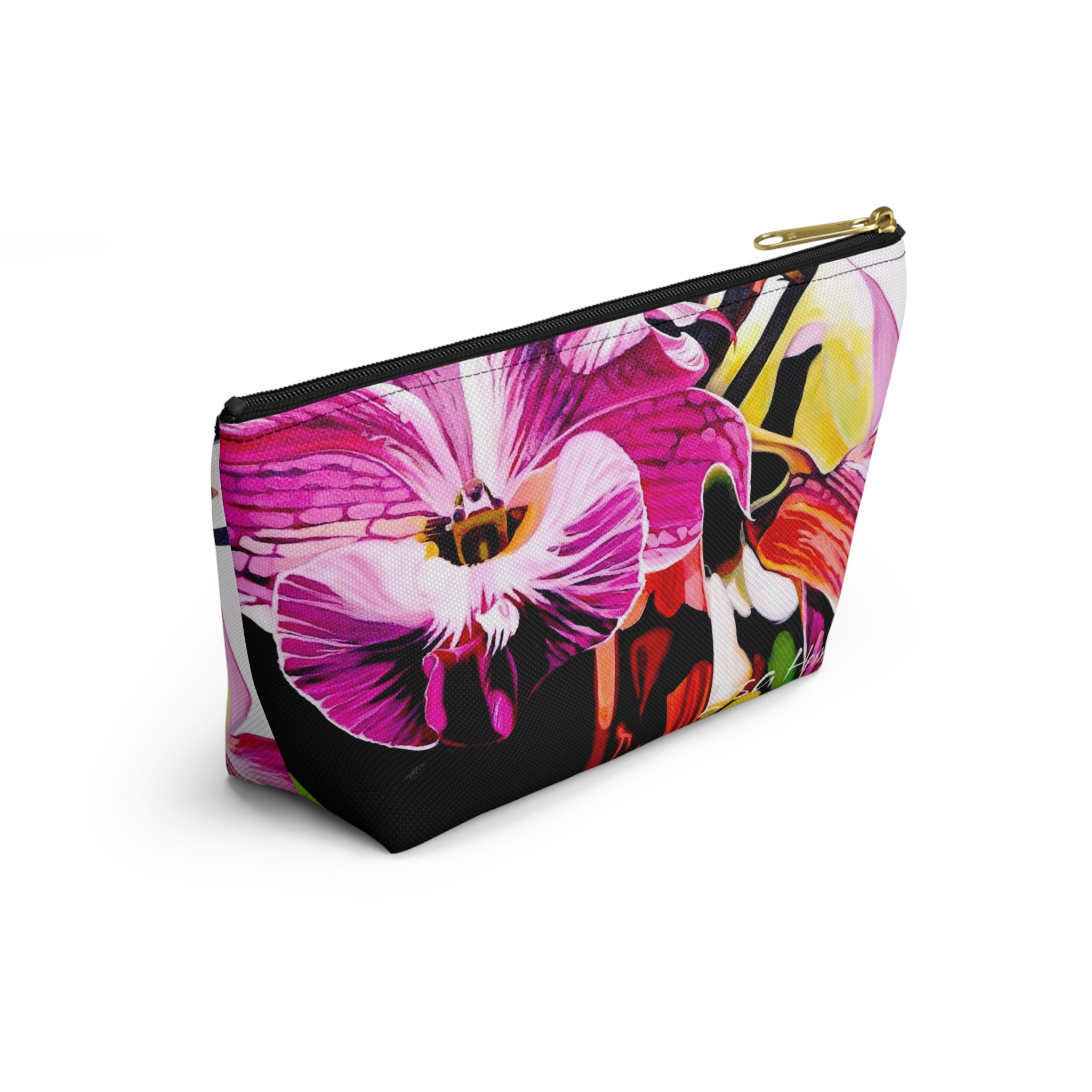 Floral Orchid Accessory Pouch Lisa Herrera art  — Pink Tropical Makeup Bag with T-Bottom