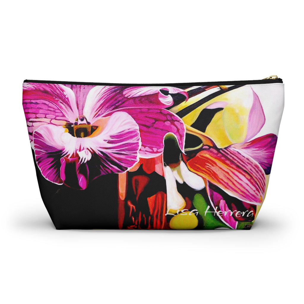 Floral Orchid Accessory Pouch Lisa Herrera art  — Pink Tropical Makeup Bag with T-Bottom