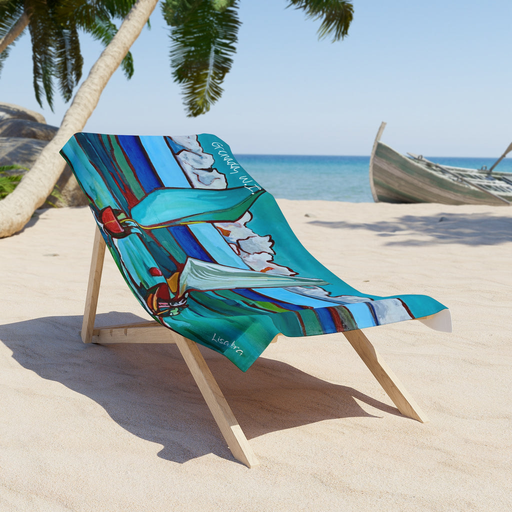 Beach Towel Grenada Lisa Herrera workboat race print  — Colorful workboat race Print (Coastal Vacation, Relaxation)