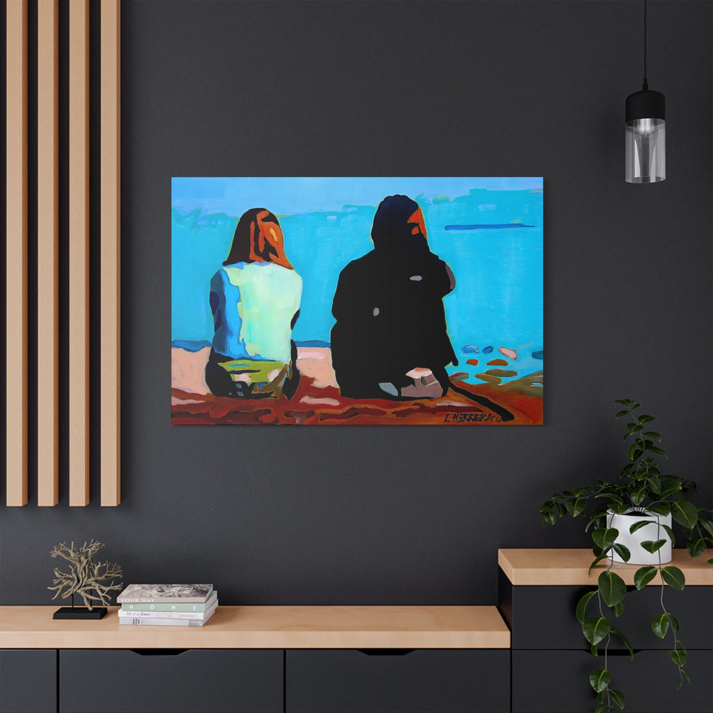 Canvas Print Lisa Herrera Art Beachside Conversation Satin Canvas Wall Art — Friends Sitting by Ocean Stretched Print