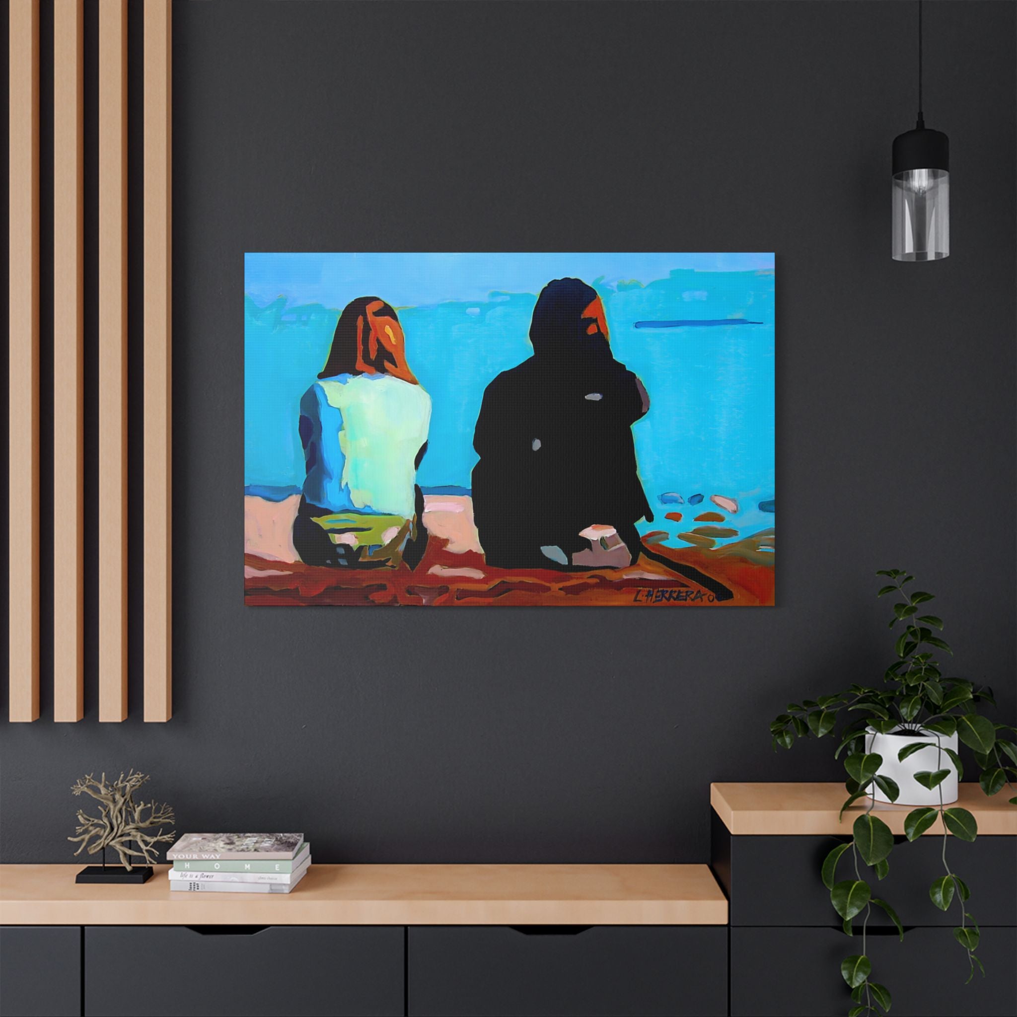 Canvas Print Lisa Herrera Art Beachside Conversation Satin Canvas Wall Art — Friends Sitting by Ocean Stretched Print