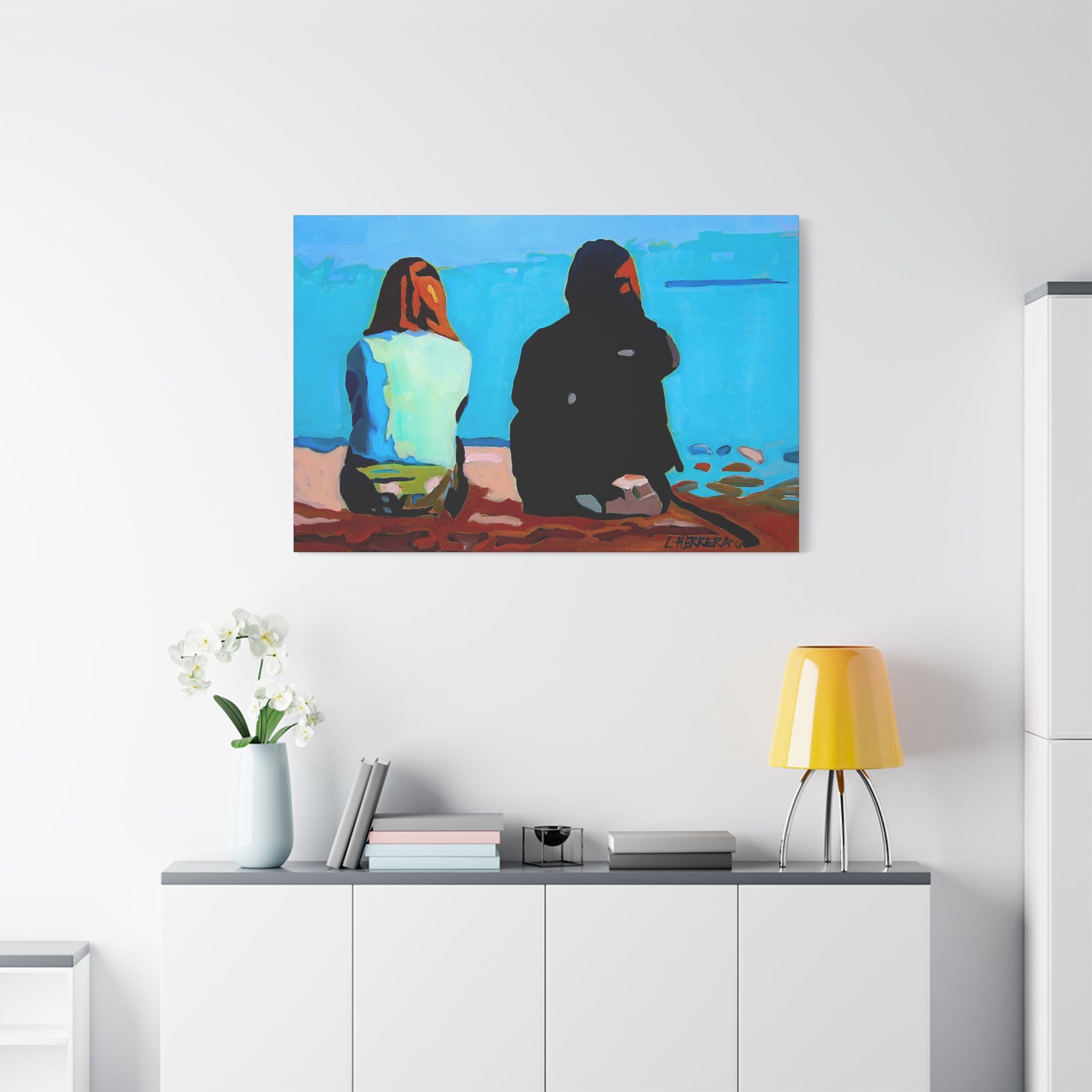 Canvas Print Lisa Herrera Art Beachside Conversation Satin Canvas Wall Art — Friends Sitting by Ocean Stretched Print