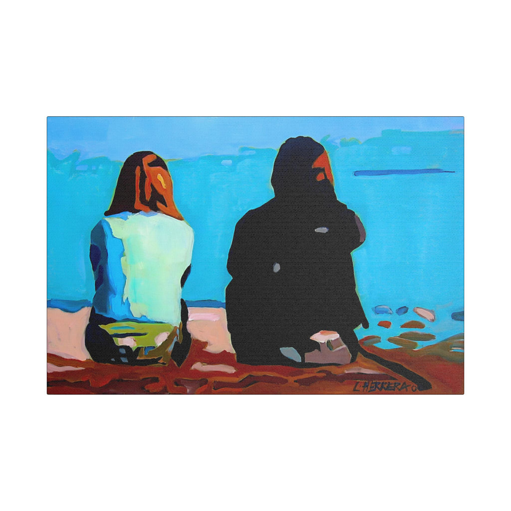 Canvas Print Lisa Herrera Art Beachside Conversation Satin Canvas Wall Art — Friends Sitting by Ocean Stretched Print