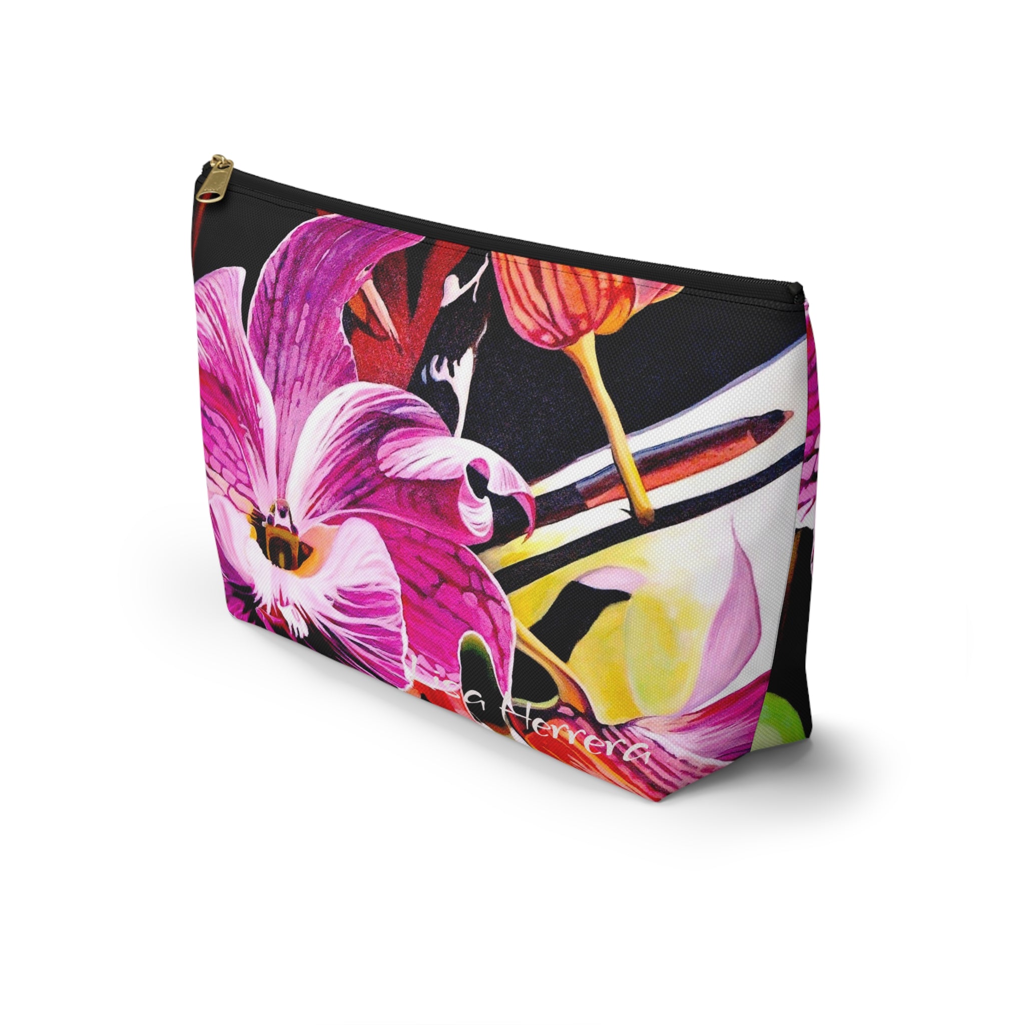 Floral Orchid Accessory Pouch Lisa Herrera art  — Pink Tropical Makeup Bag with T-Bottom