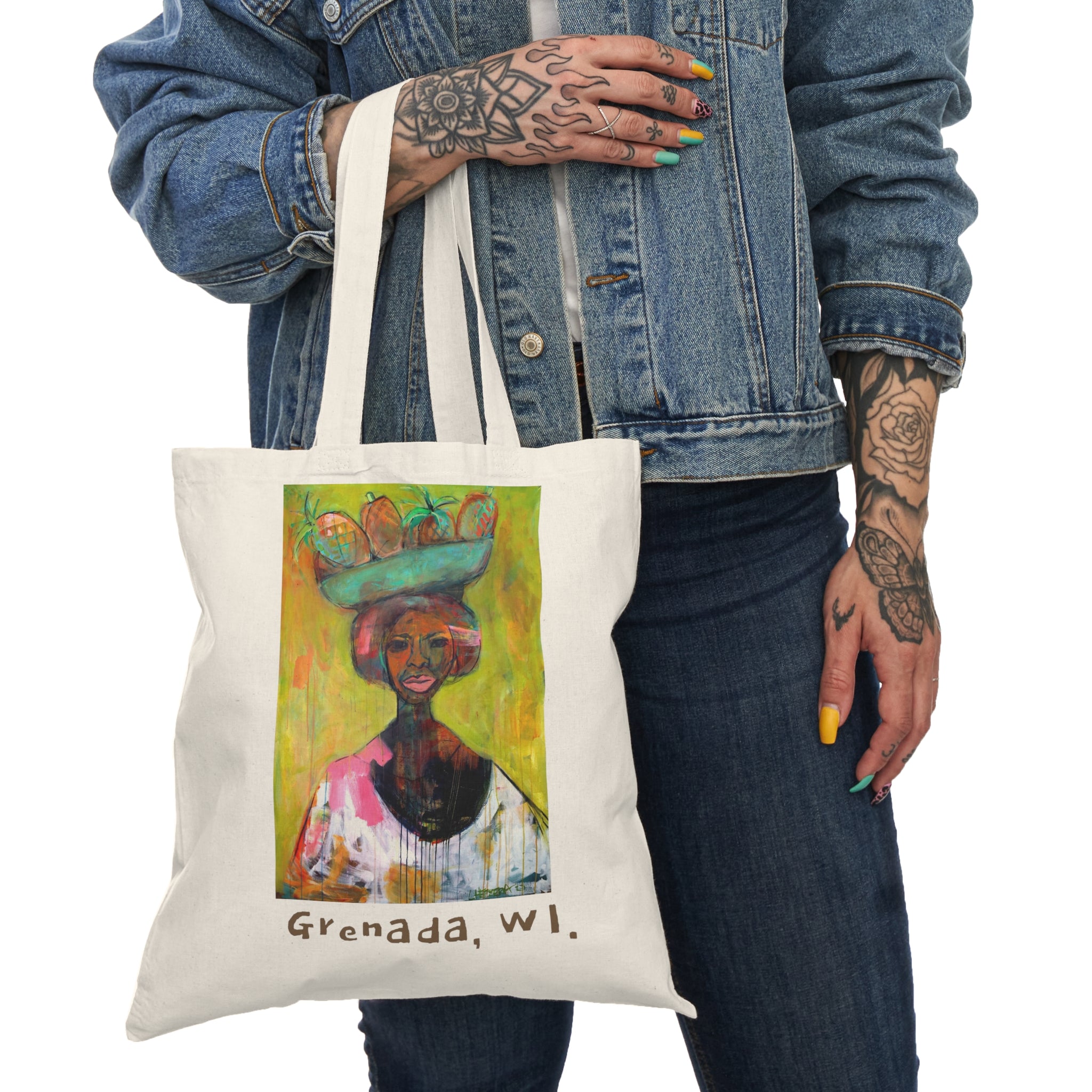 Tote Bag Painting Print Grenada Market Lady Canvas Tote Bag — Colorful Caribbean Art Grocery Tote