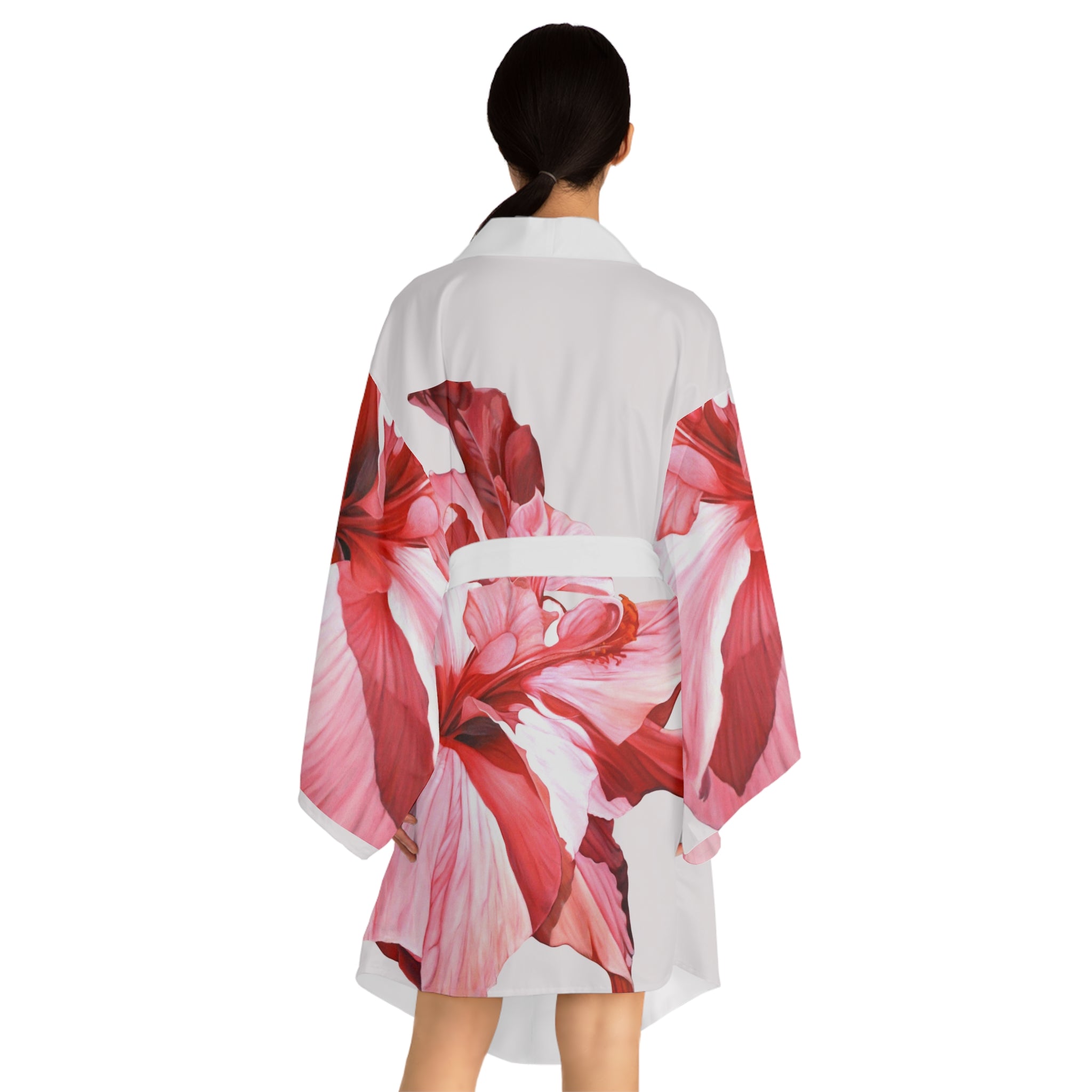 Kimono Pink Hibiscus Robe – Pink Hibiscus Print Long Sleeve Lounge Robe