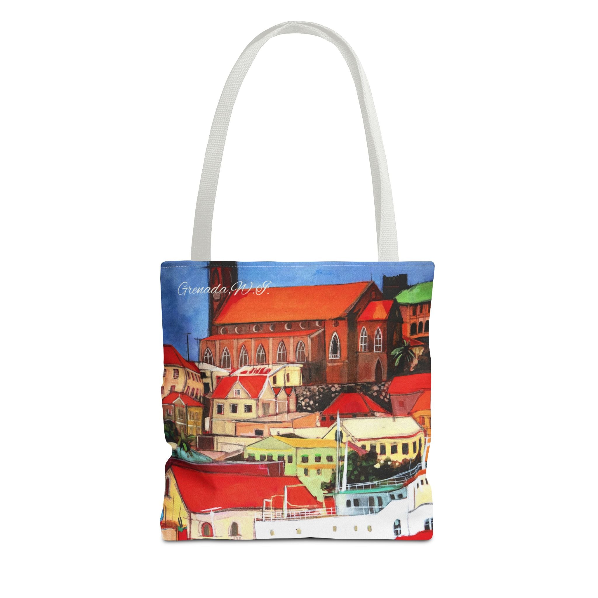 Tote Bag Grenada W.I. Town Buildings on the Carenage Colorful  — All-Over Print Canvas Beach & Market Shopper