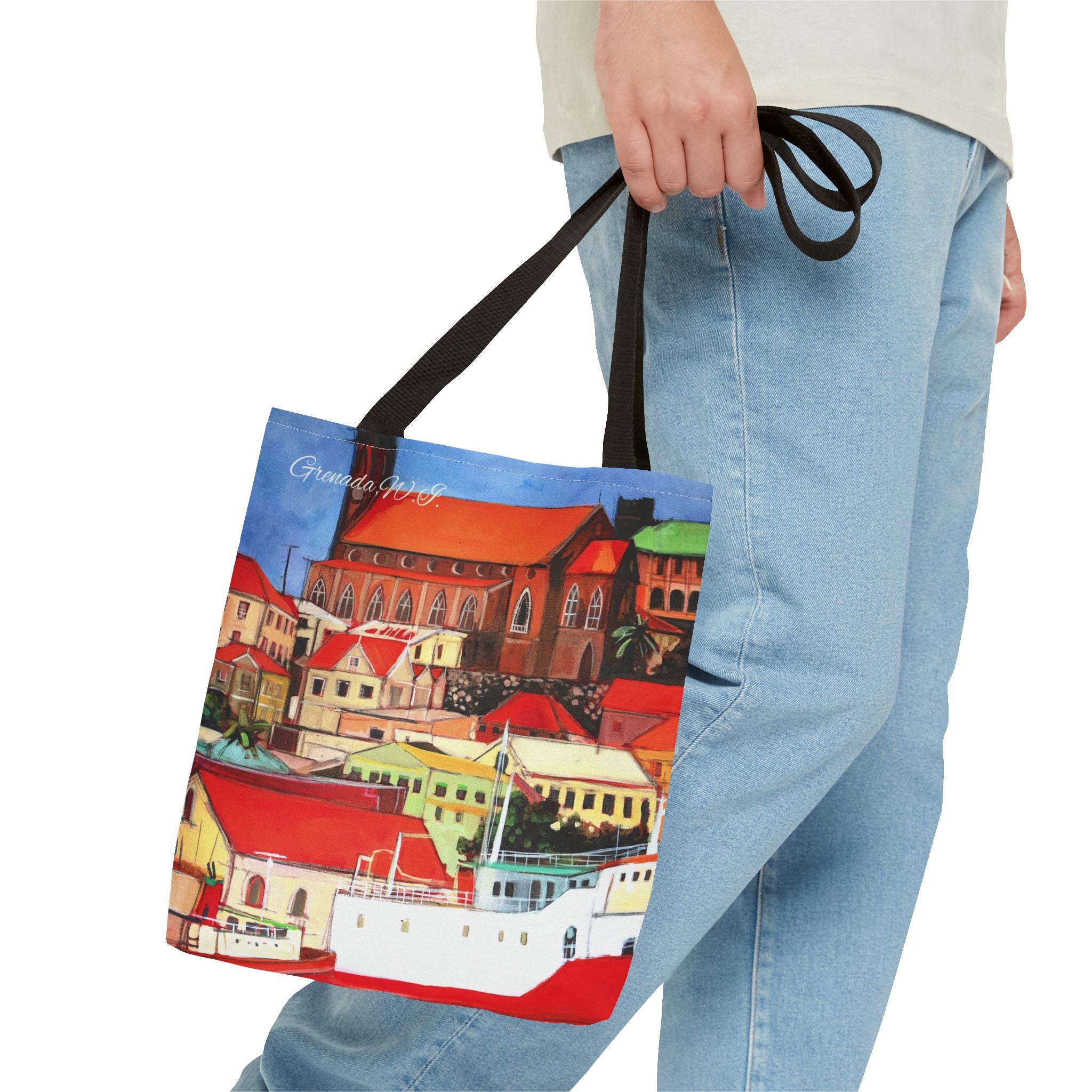 Tote Bag Grenada W.I. Town Buildings on the Carenage Colorful  — All-Over Print Canvas Beach & Market Shopper