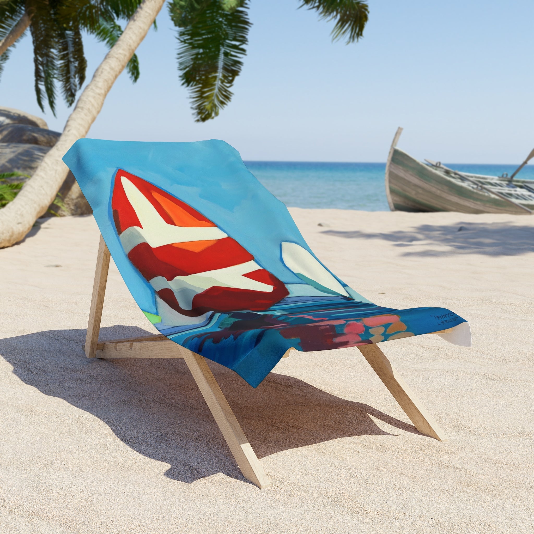 Beach Towel Print of Painting Sail Boats — Colorful Nautical Art Towel for Summer
