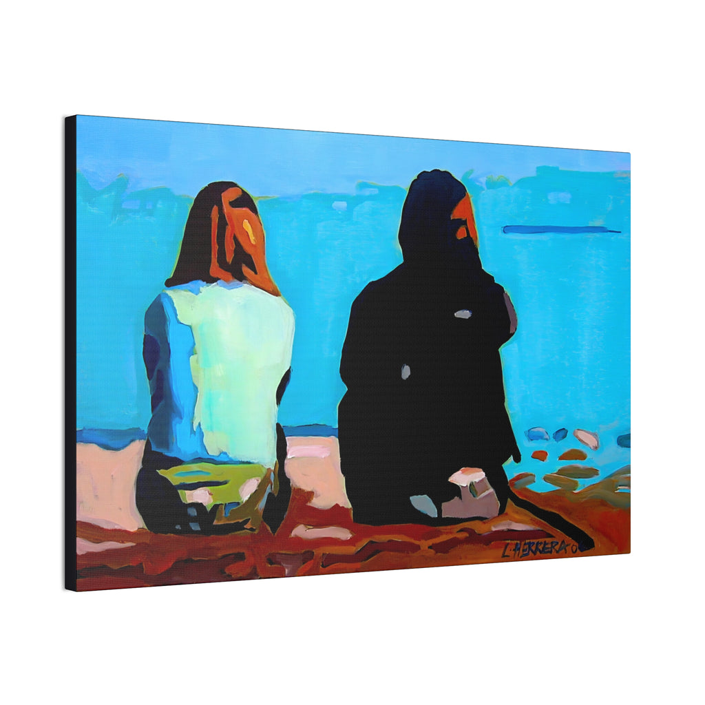 Canvas Print Lisa Herrera Art Two Friends Satin Canvas Wall Art — Friends Sitting by Ocean Stretched Print