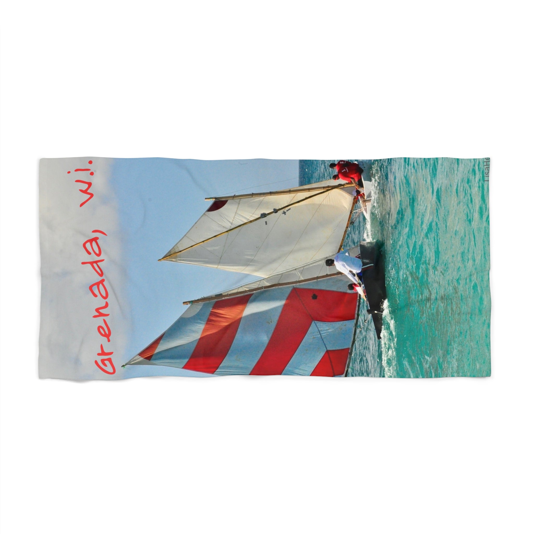 Beach Towel Grenada W.I. Print of Painting Work Boat Sailing Regatta— Print of Painting Red-Striped Sailboat Print