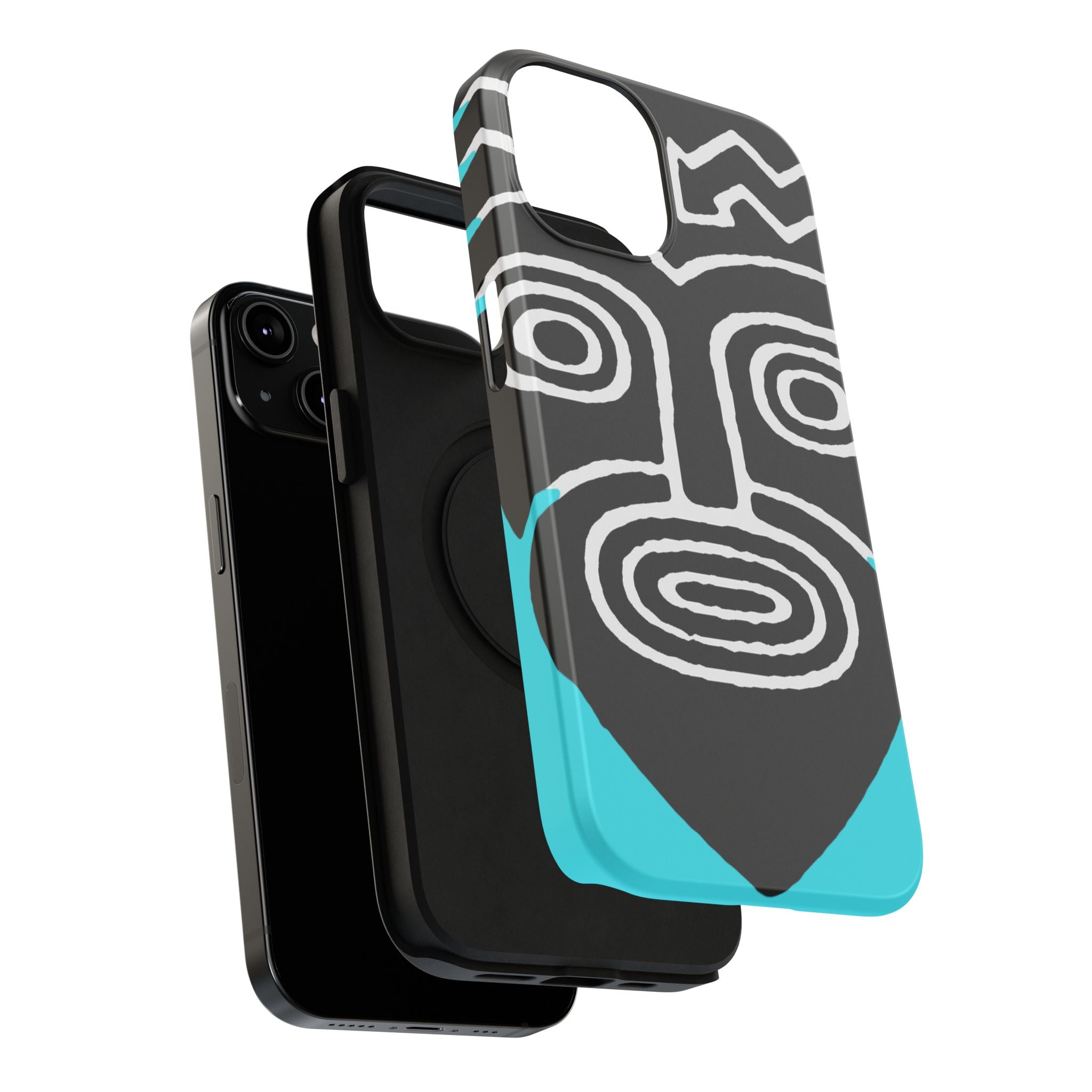 Phone case Impact-Resistant  — Abstract Tribal Mask Design (Black & Teal)