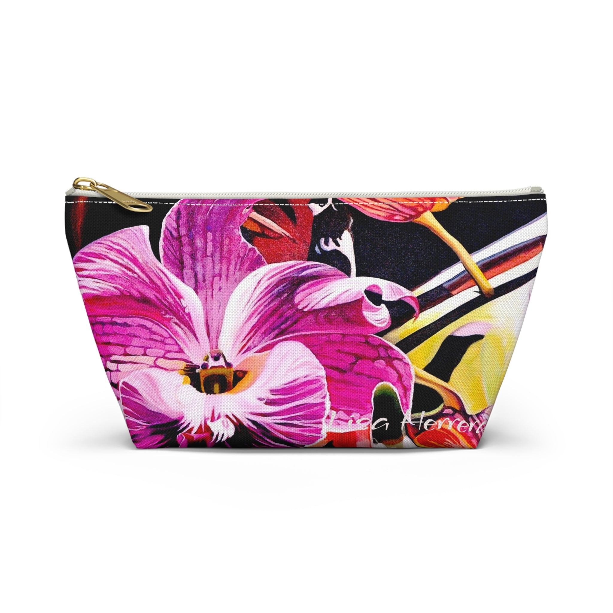 Floral Orchid Accessory Pouch Lisa Herrera art  — Pink Tropical Makeup Bag with T-Bottom