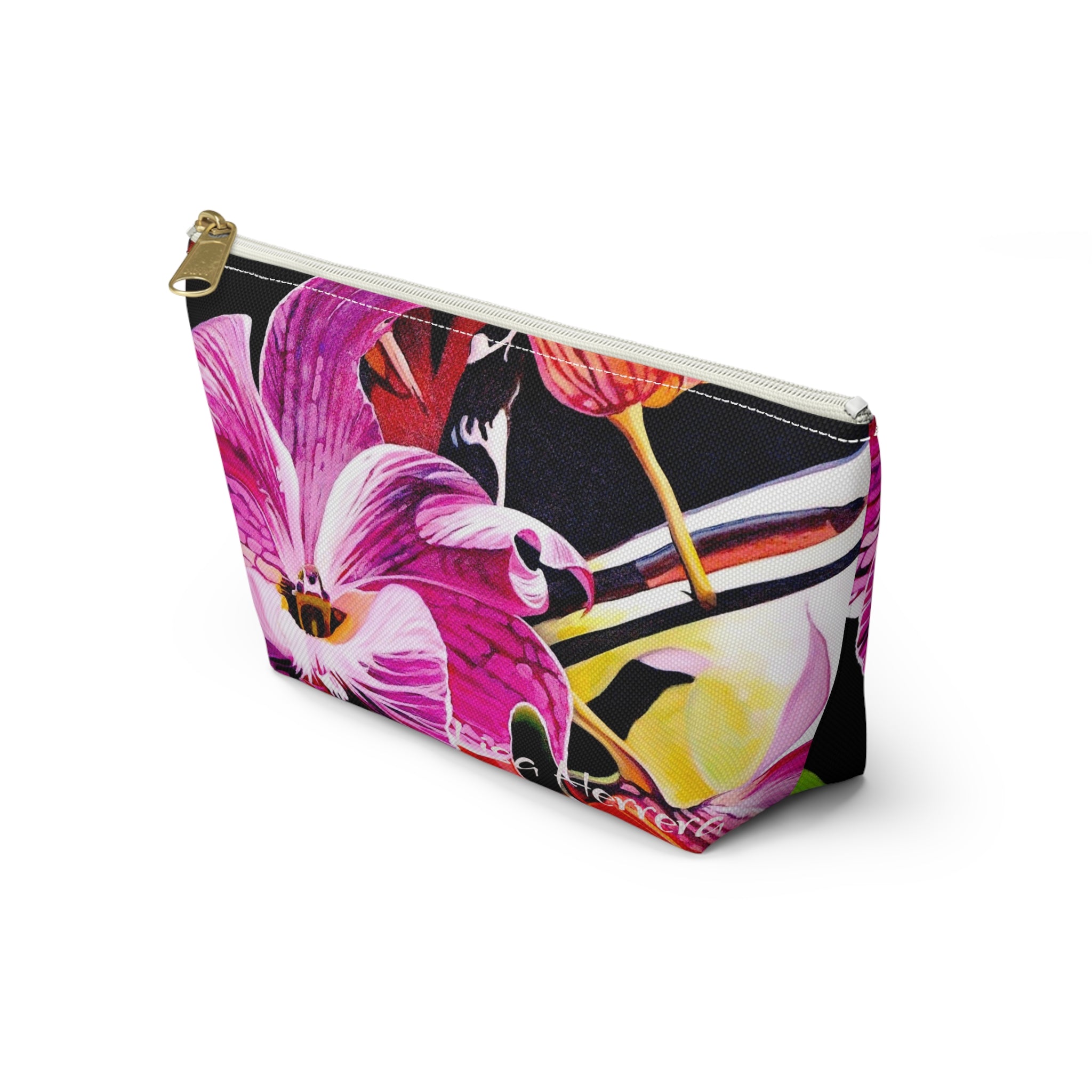 Floral Orchid Accessory Pouch Lisa Herrera art  — Pink Tropical Makeup Bag with T-Bottom