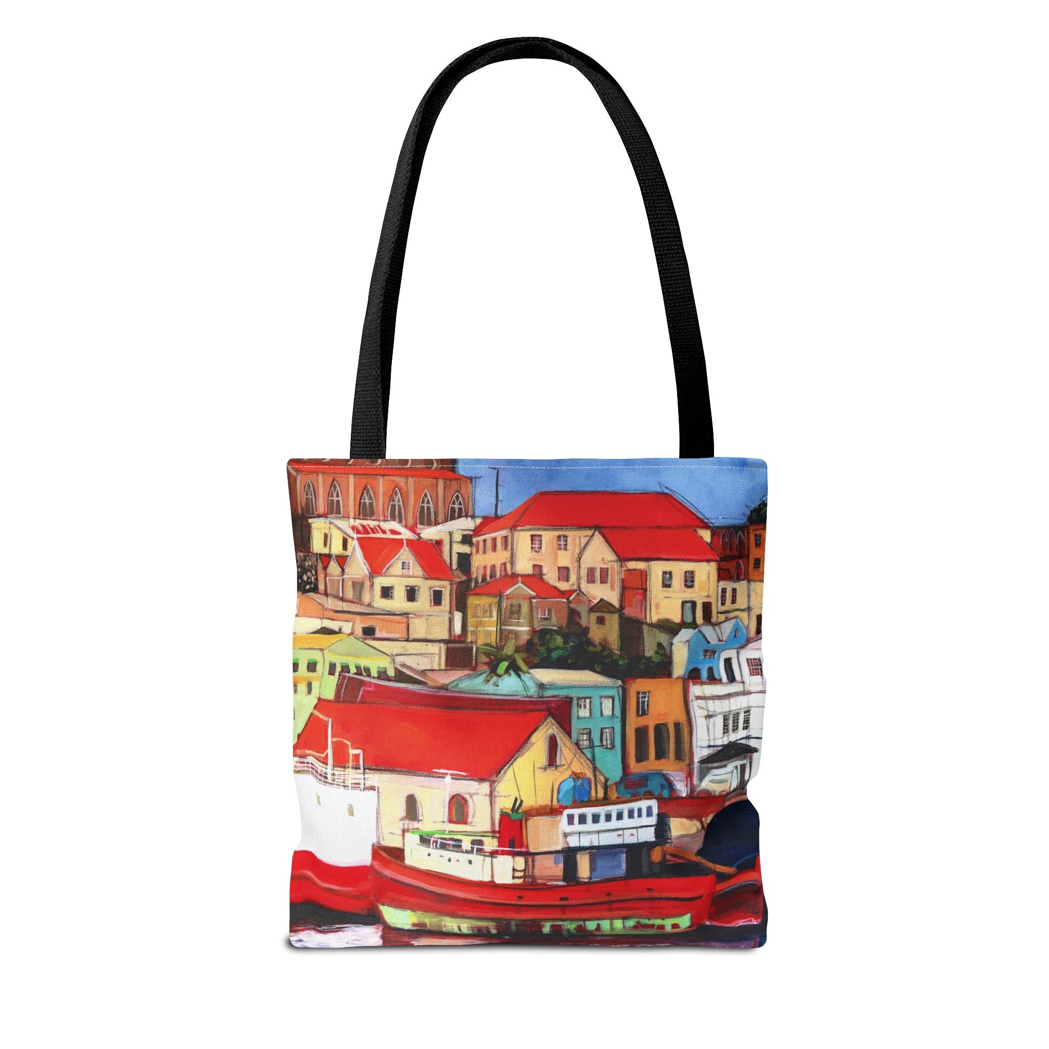 Tote Bag Grenada W.I. Town Buildings on the Carenage Colorful  — All-Over Print Canvas Beach & Market Shopper