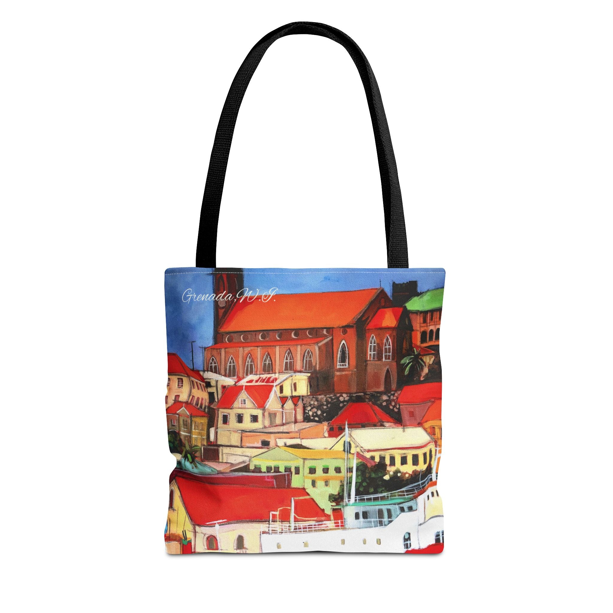 Tote Bag Grenada W.I. Town Buildings on the Carenage Colorful  — All-Over Print Canvas Beach & Market Shopper