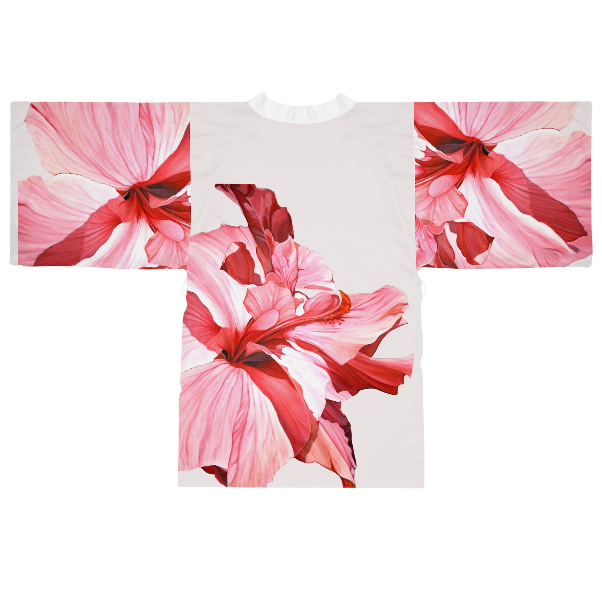 Kimono Pink Hibiscus Robe – Pink Hibiscus Print Long Sleeve Lounge Robe