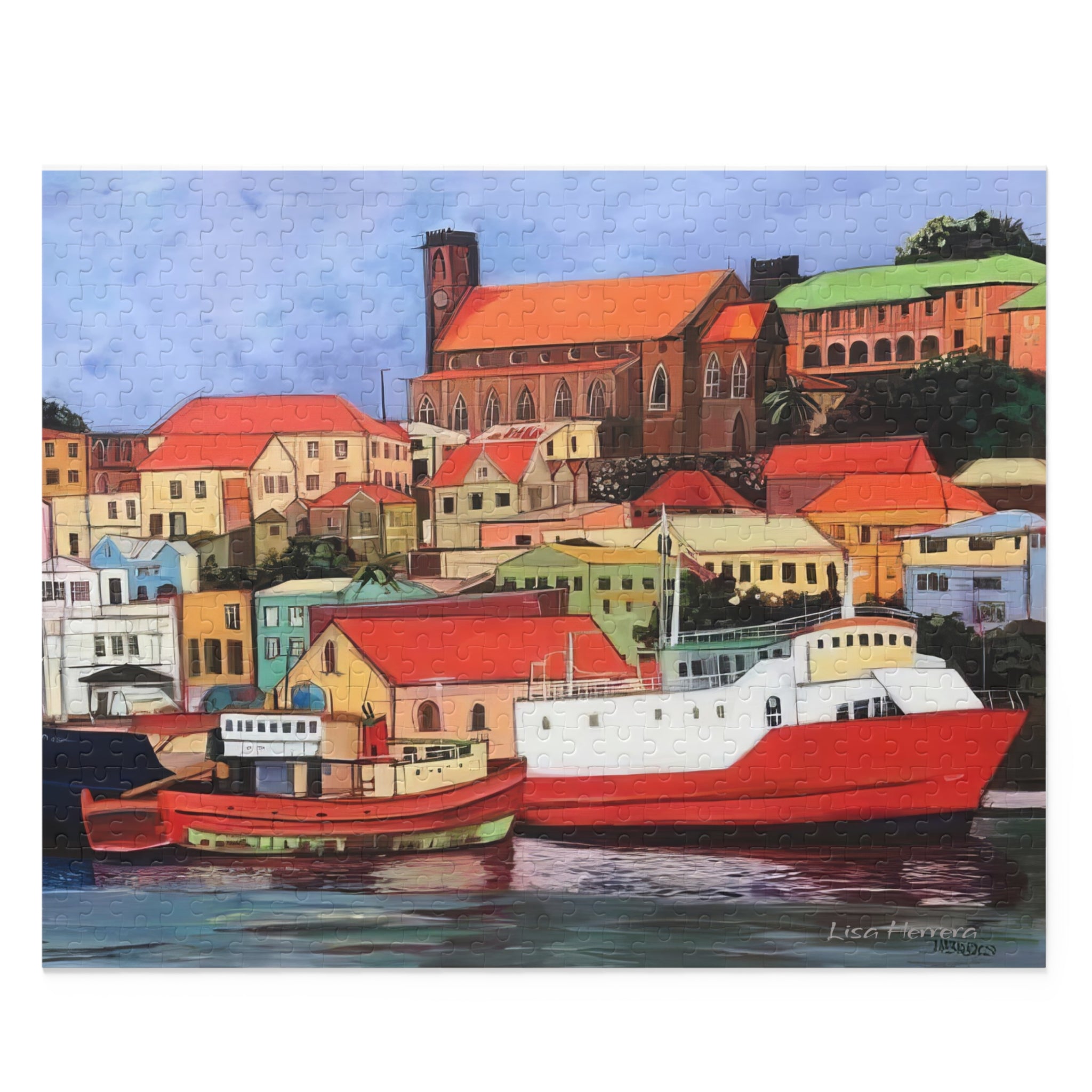 Puzzle Lisa Herrera art print St George's Carenage Harbor Puzzle — Colorful Grenada Carenage Jigsaw (120/252/500 pcs)