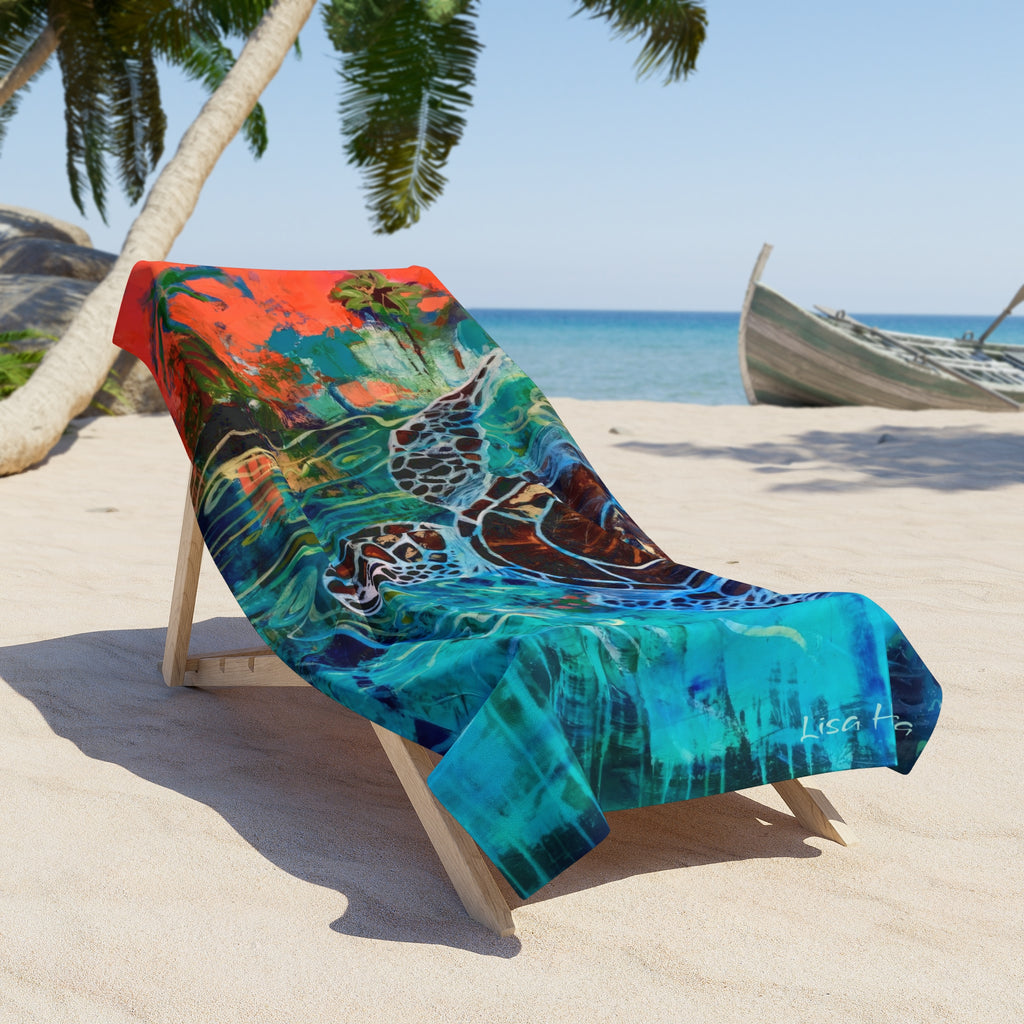 Beach Towel Sea Turtle Painting  — Vibrant Tropical Sunset Ocean Design