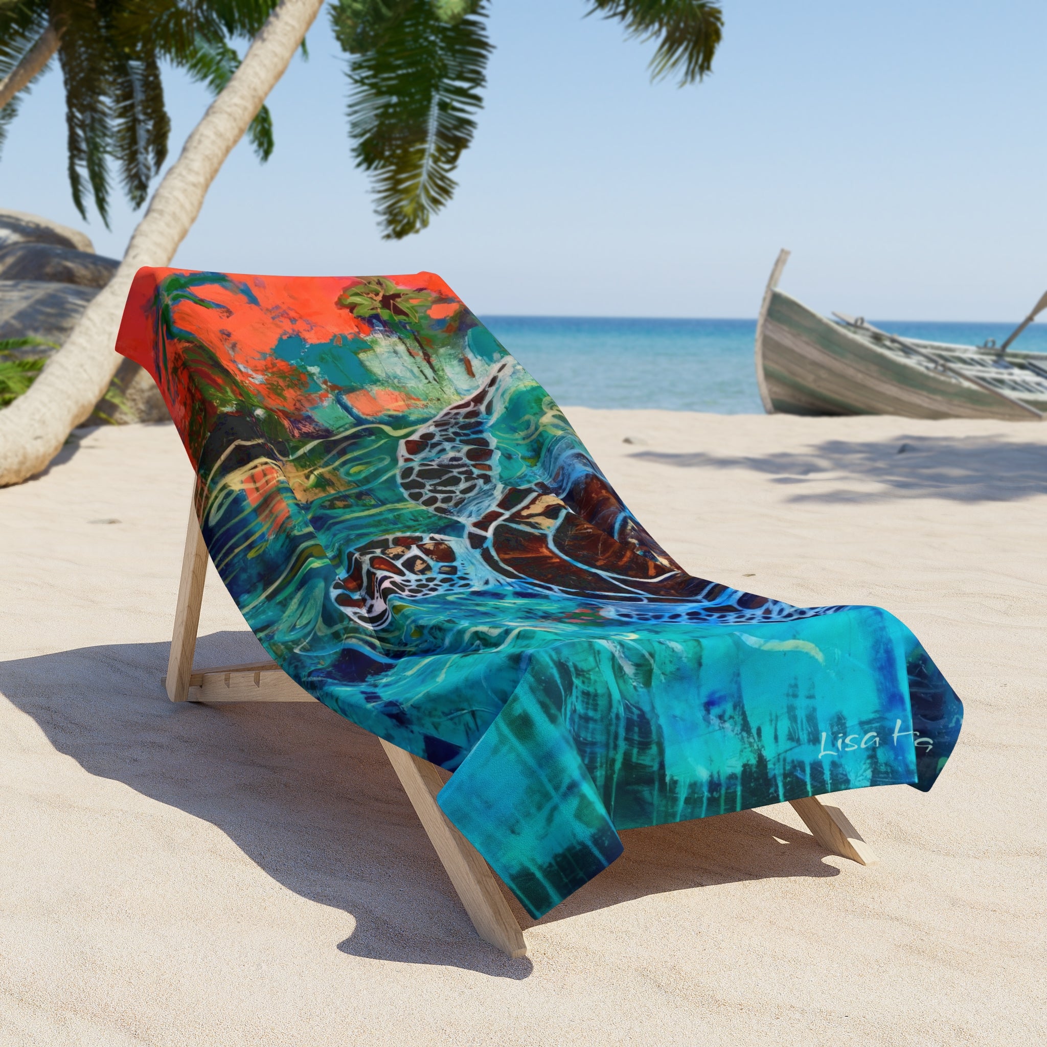 Beach Towel Sea Turtle Painting  — Vibrant Tropical Sunset Ocean Design