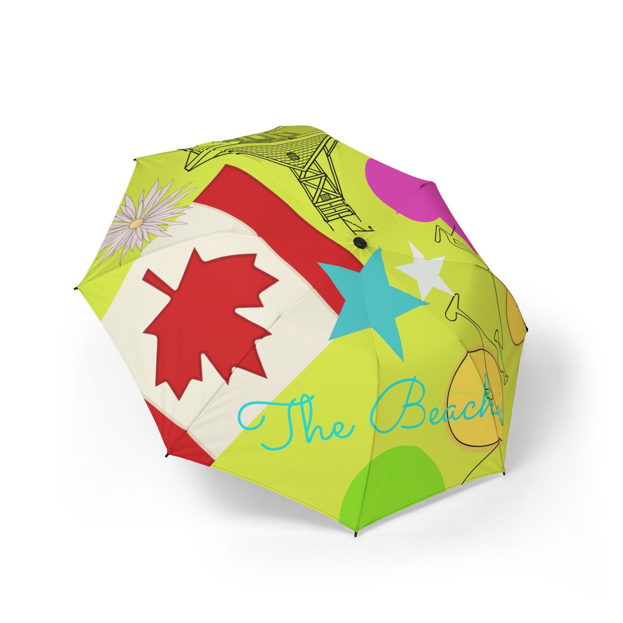Umbrella Beaches Abstract Art Foldable  – Colorful Semi-Automatic Rain Shield