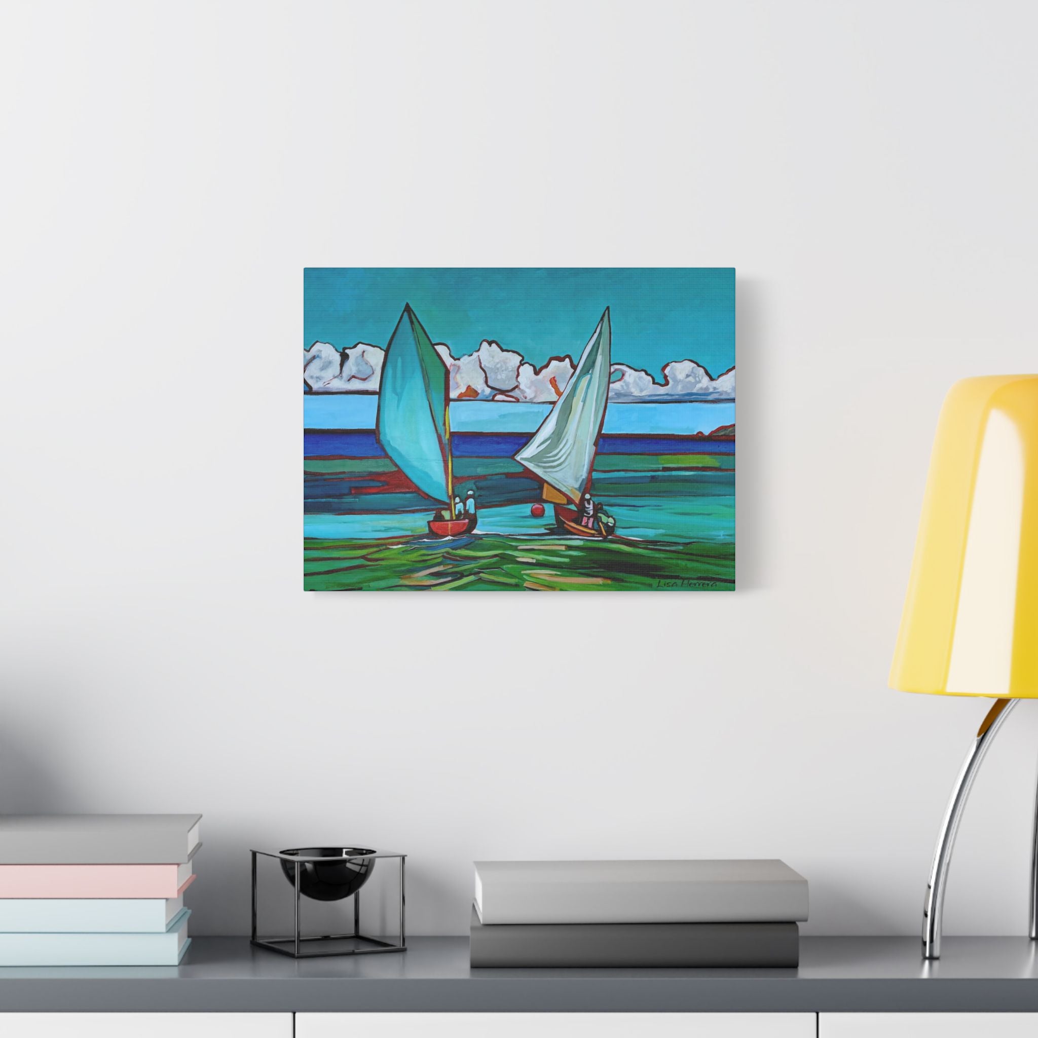 Canvas Print Lisa Herrera Art Workboat Race Sailboats at Sea Satin Canvas Print