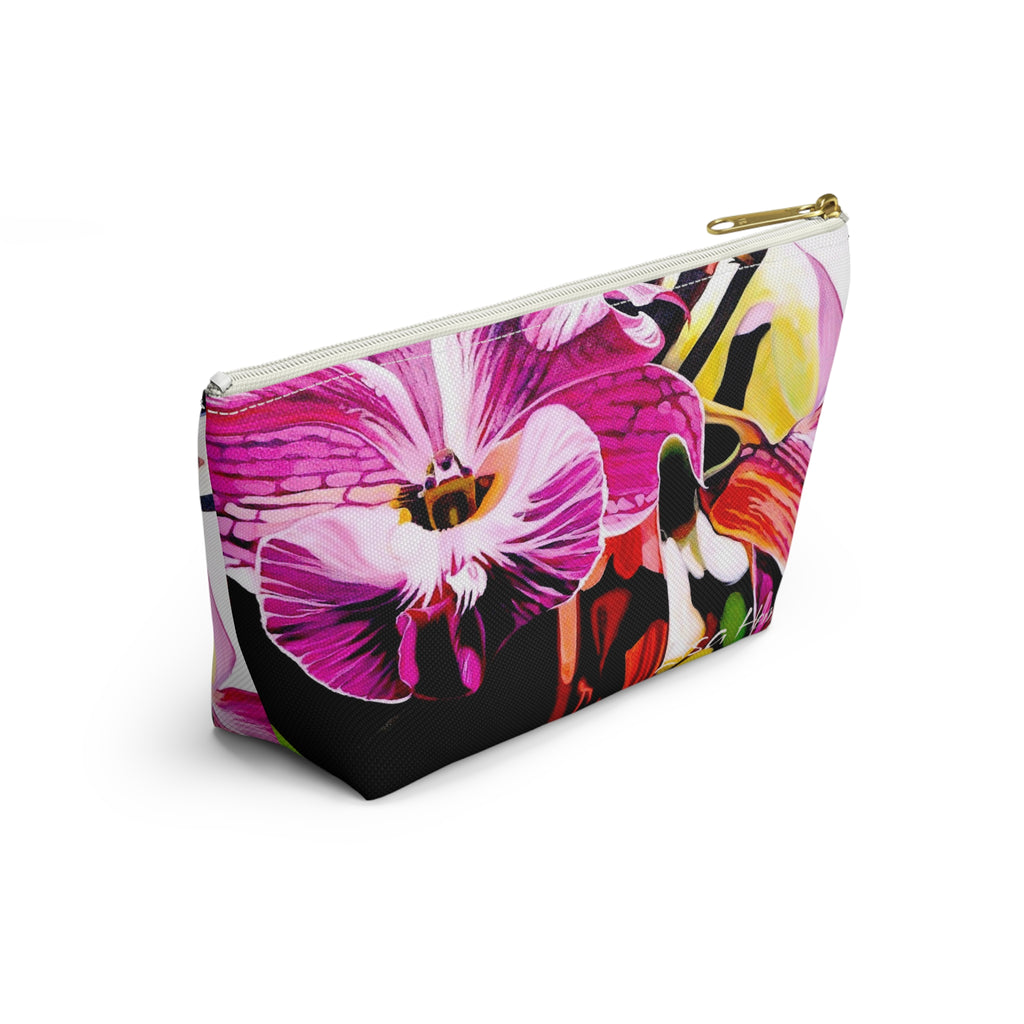 Floral Orchid Accessory Pouch Lisa Herrera art  — Pink Tropical Makeup Bag with T-Bottom