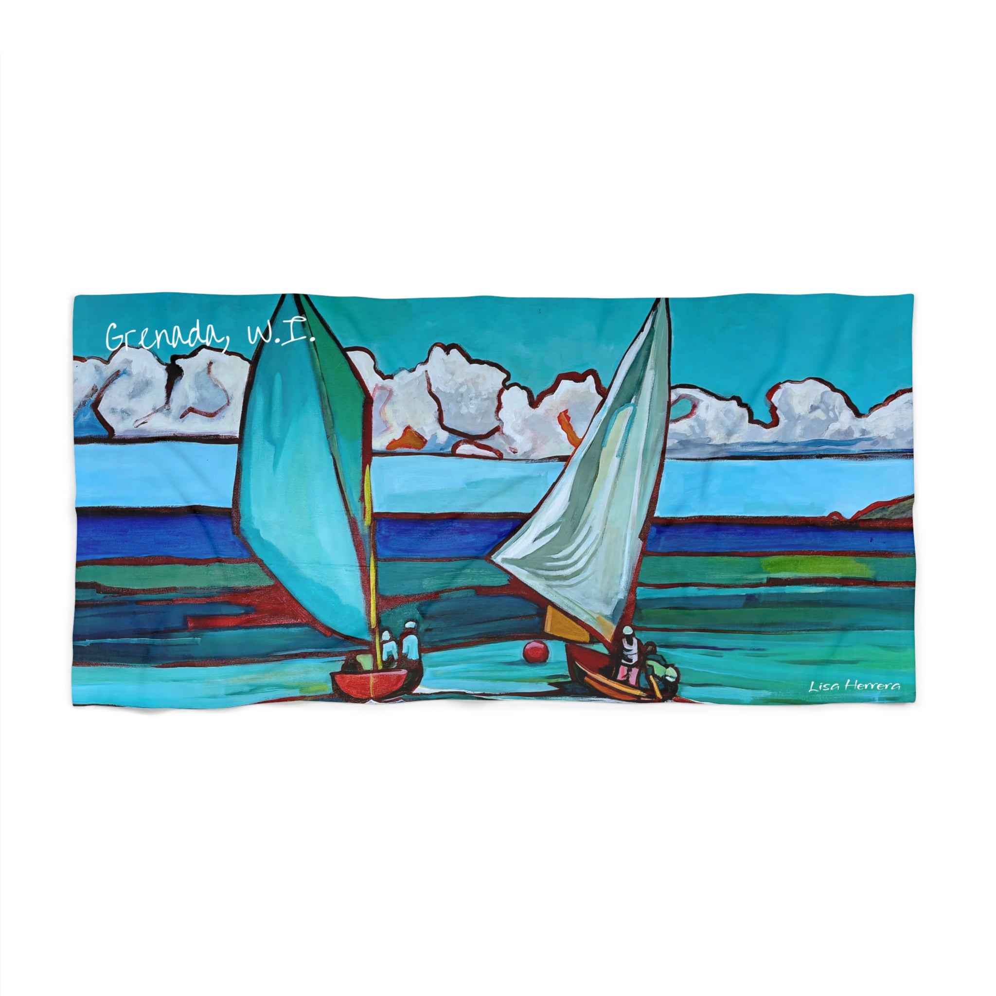 Beach Towel Grenada Lisa Herrera workboat race print  — Colorful workboat race Print (Coastal Vacation, Relaxation)