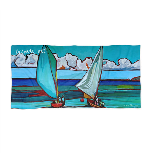 Beach Towel Grenada Lisa Herrera workboat race print  — Colorful workboat race Print (Coastal Vacation, Relaxation)